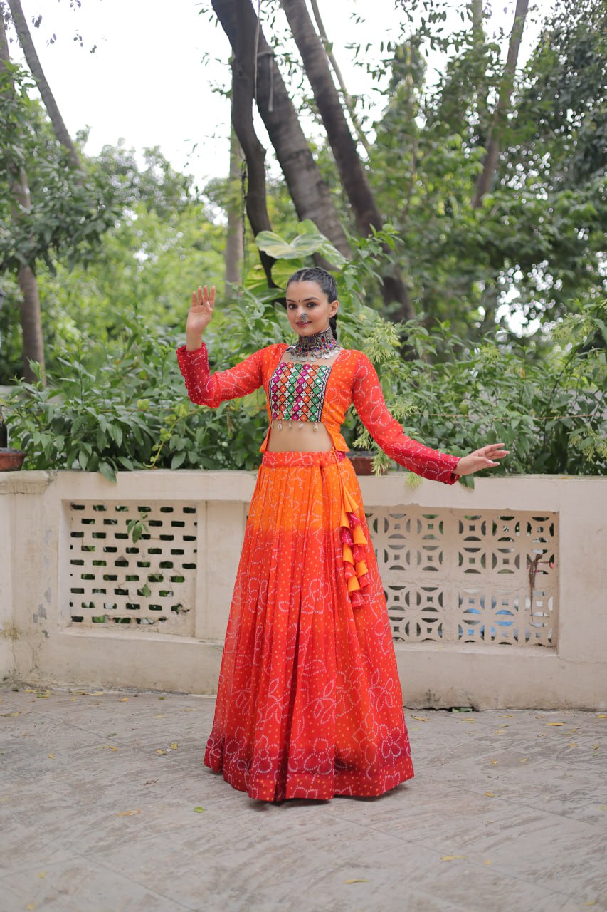 Orange Bandhani Print Lehenga with Kutchi Gamthi Patchwork & Matching Blouse