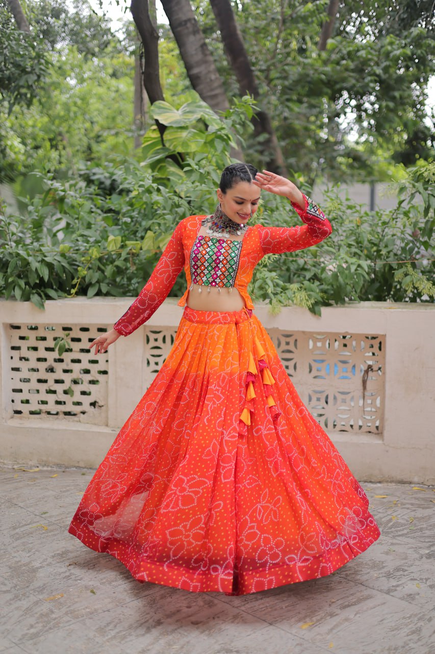 Orange Bandhani Print Lehenga with Kutchi Gamthi Patchwork & Matching Blouse