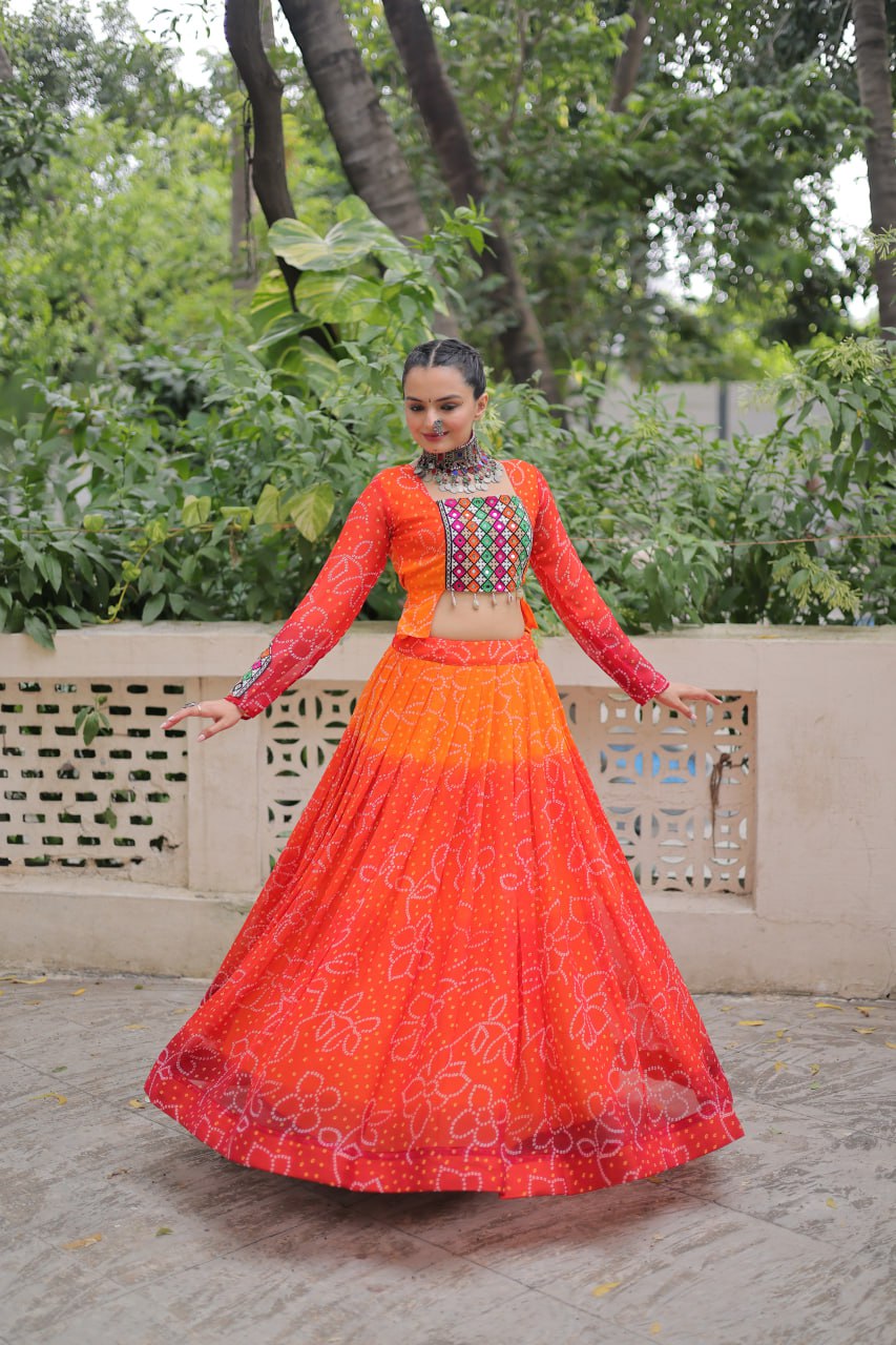 Orange Bandhani Print Lehenga with Kutchi Gamthi Patchwork & Matching Blouse