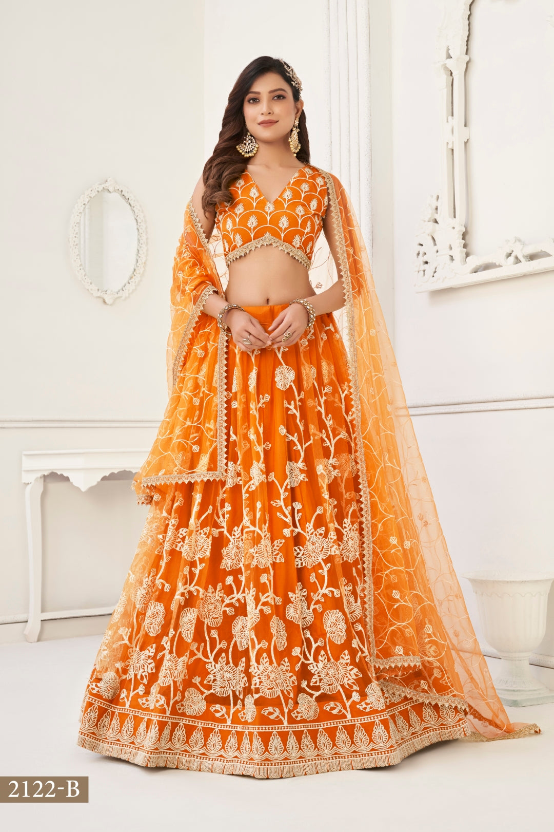 Orange Butterfly Net Lehenga with White Cotton Thread Work and Sequence Embroidery