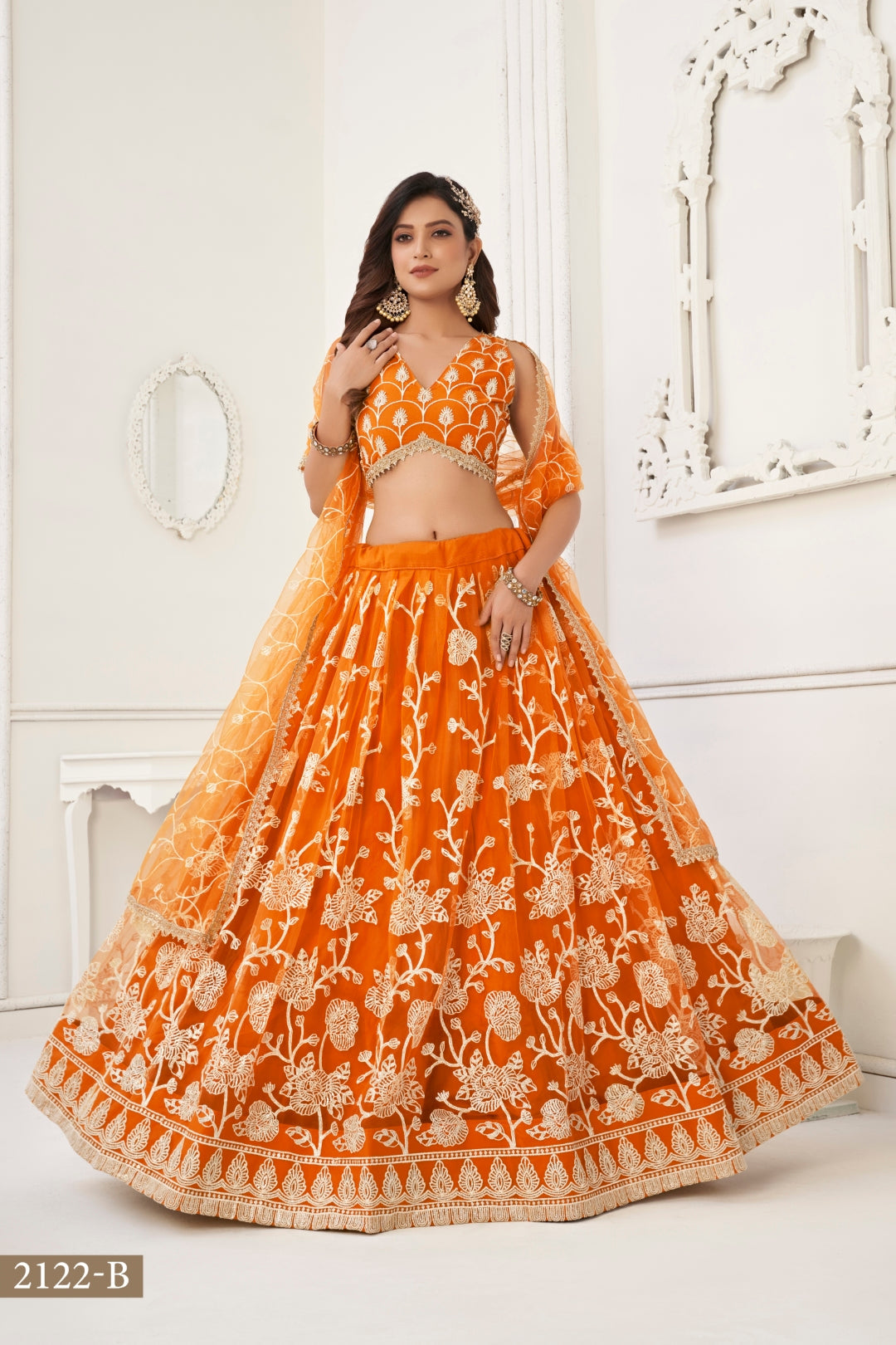 Orange Butterfly Net Lehenga with White Cotton Thread Work and Sequence Embroidery