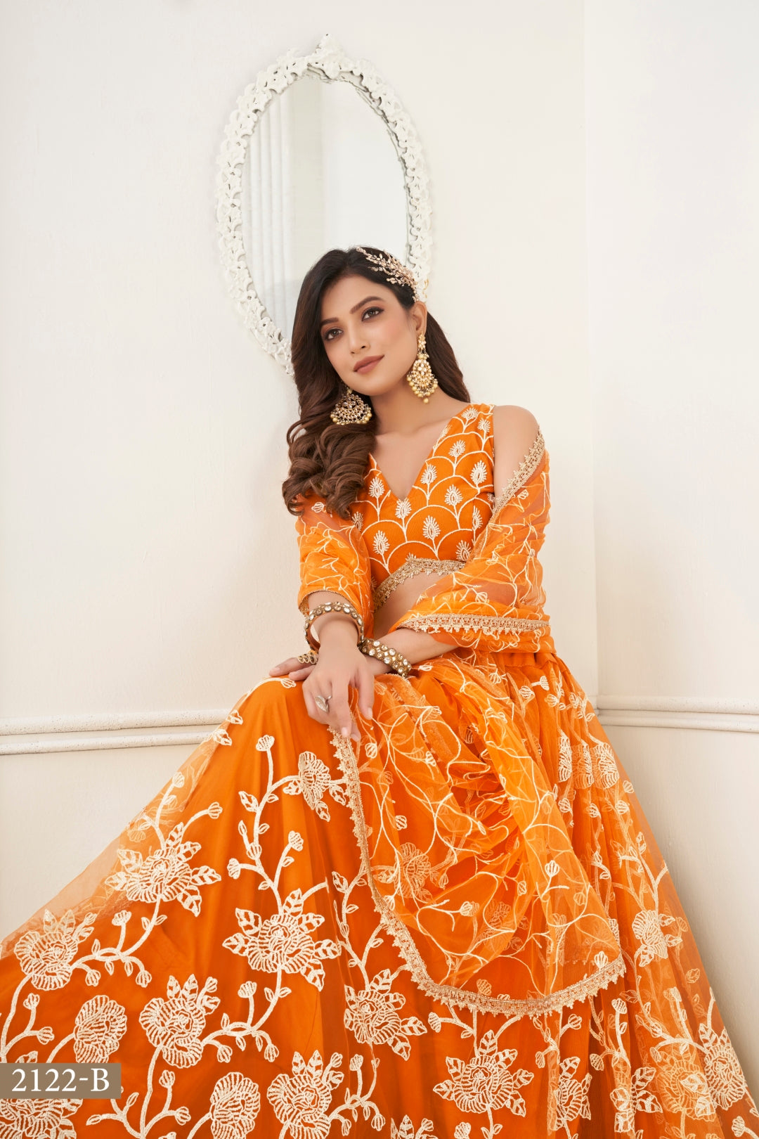 Orange Butterfly Net Lehenga with White Cotton Thread Work and Sequence Embroidery