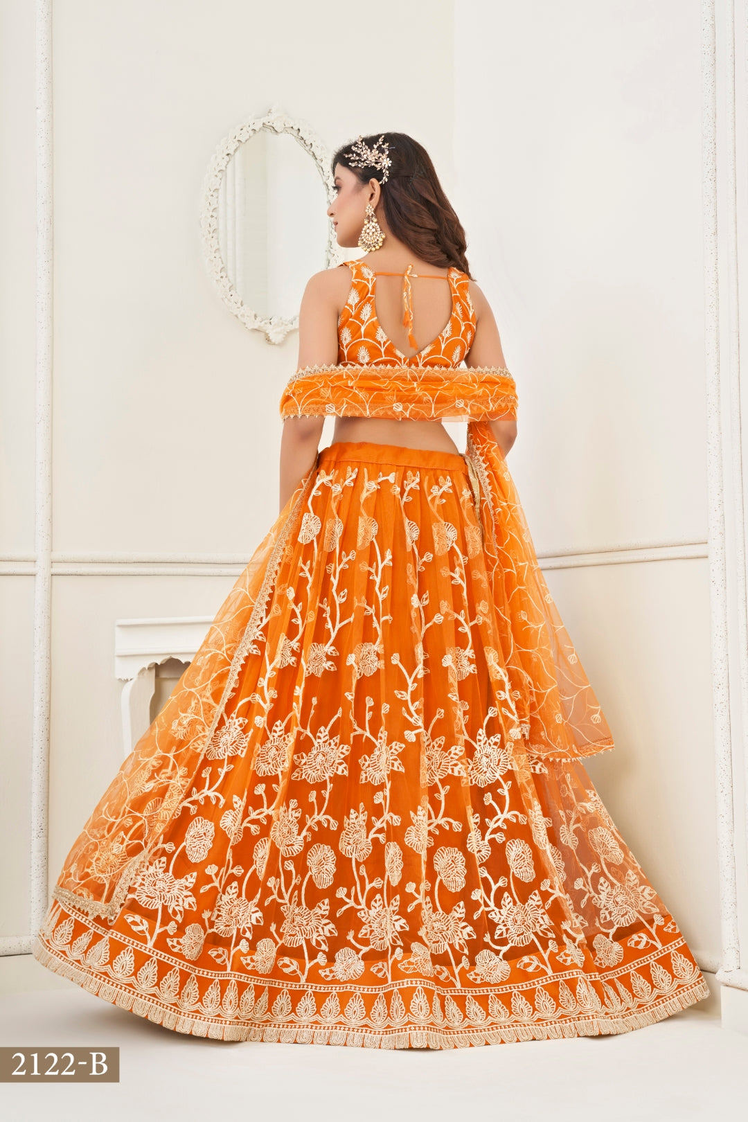 Orange Butterfly Net Lehenga with White Cotton Thread Work and Sequence Embroidery