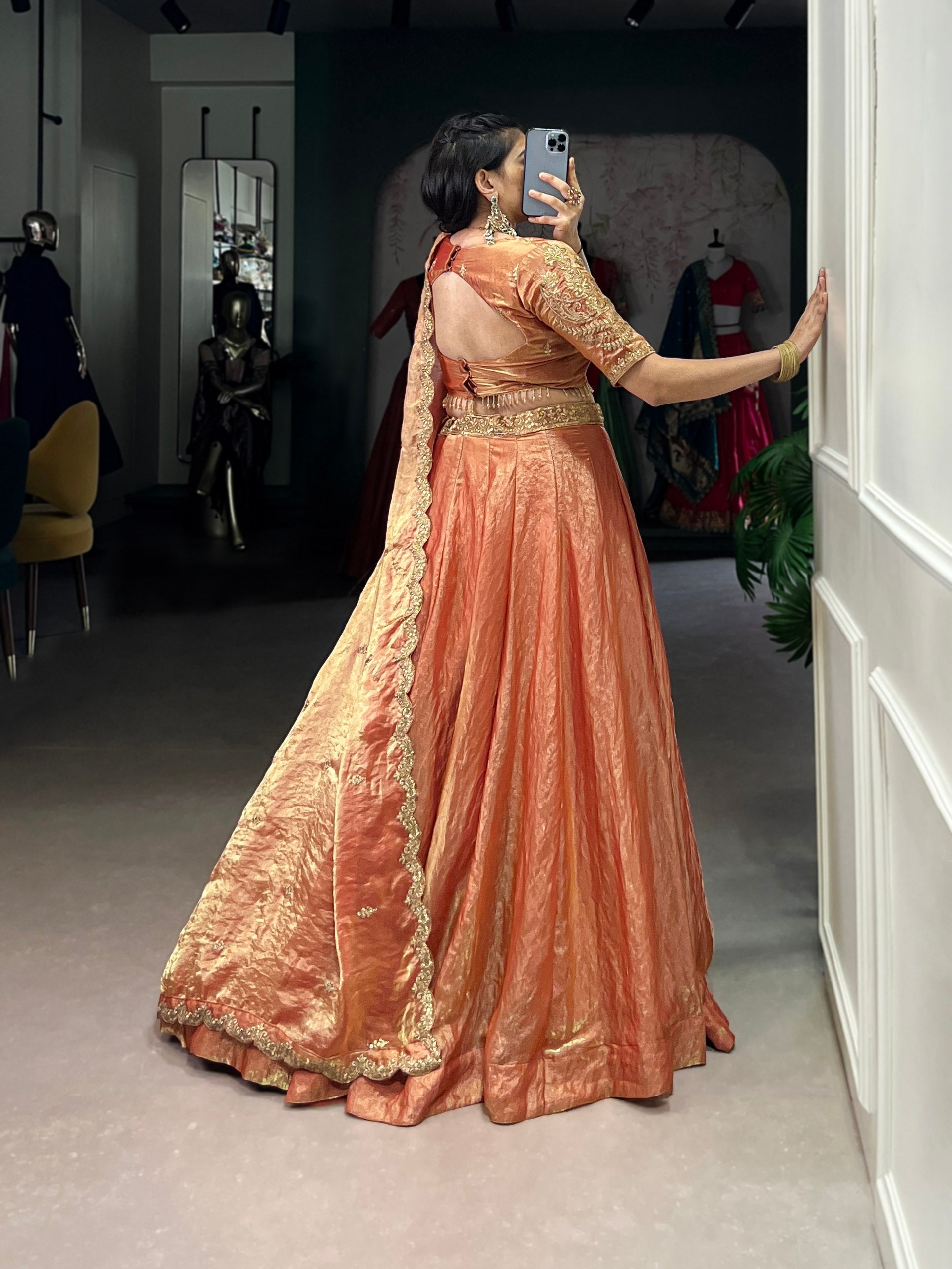 Orange Designer Fendi Lehenga Choli Set with Sequins & Thread Embroidery  Heavy Flair Stitched Lehenga with Dupatta