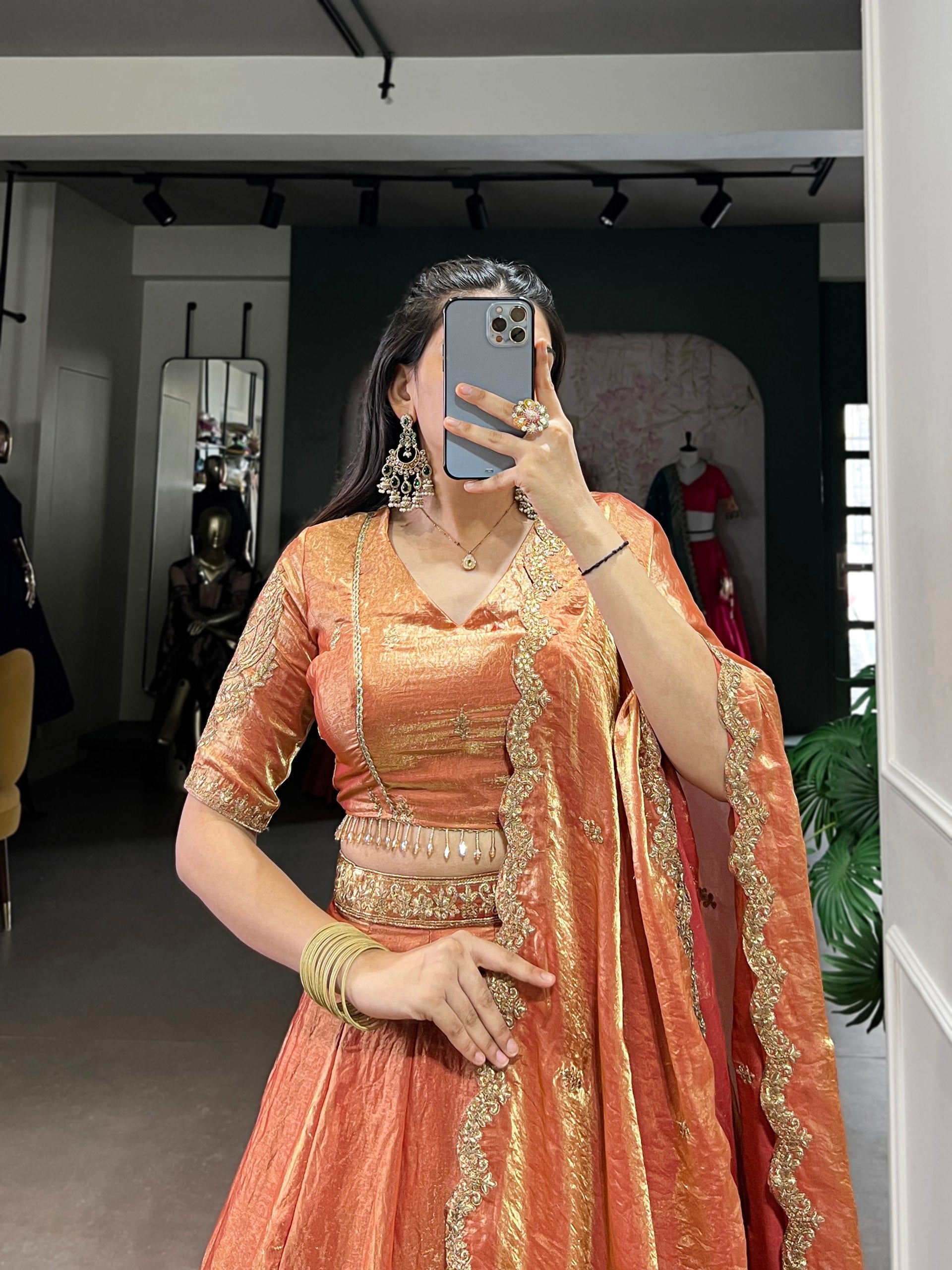 Orange Designer Fendi Lehenga Choli Set with Sequins & Thread Embroidery  Heavy Flair Stitched Lehenga with Dupatta