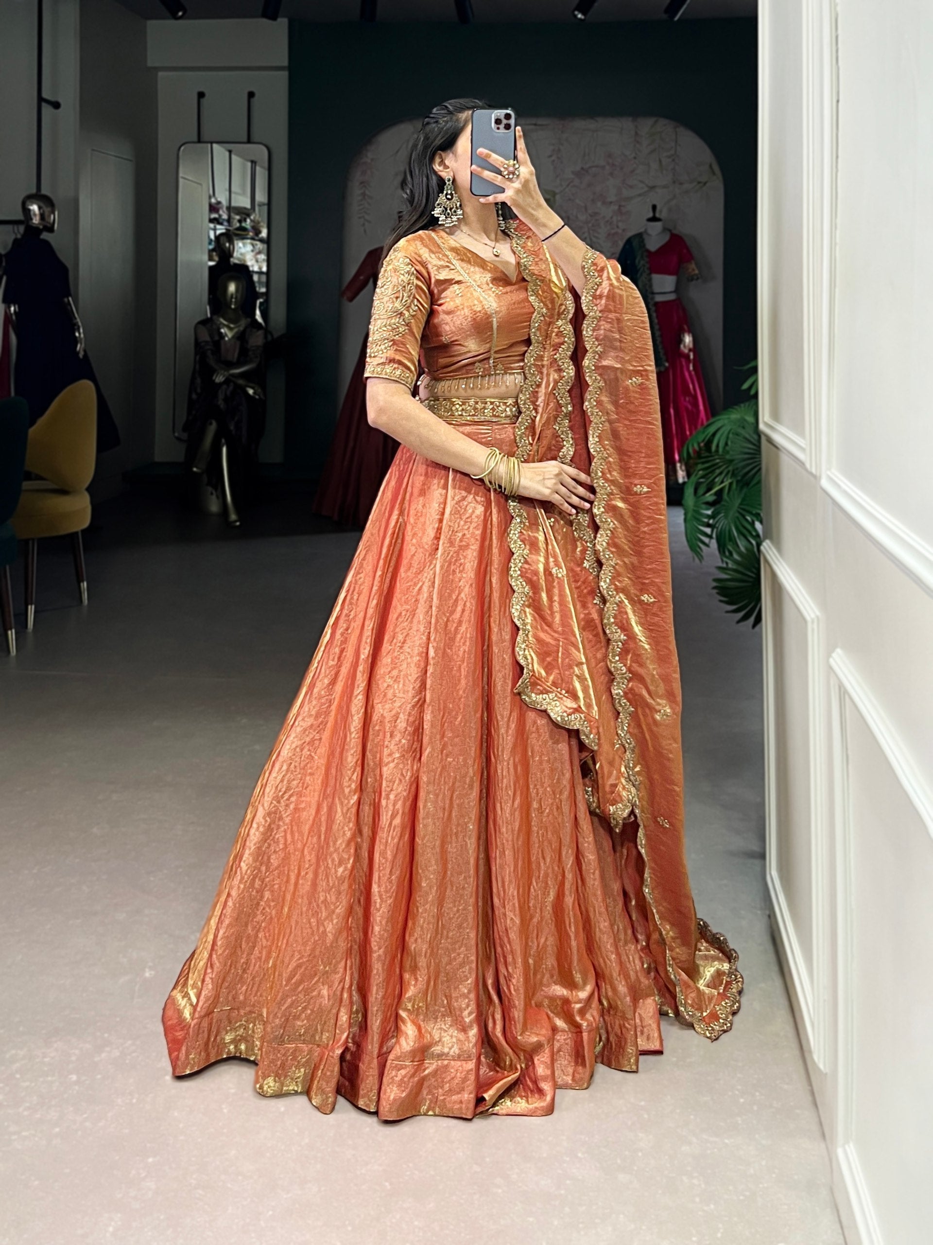 Orange Designer Fendi Lehenga Choli Set with Sequins & Thread Embroidery  Heavy Flair Stitched Lehenga with Dupatta