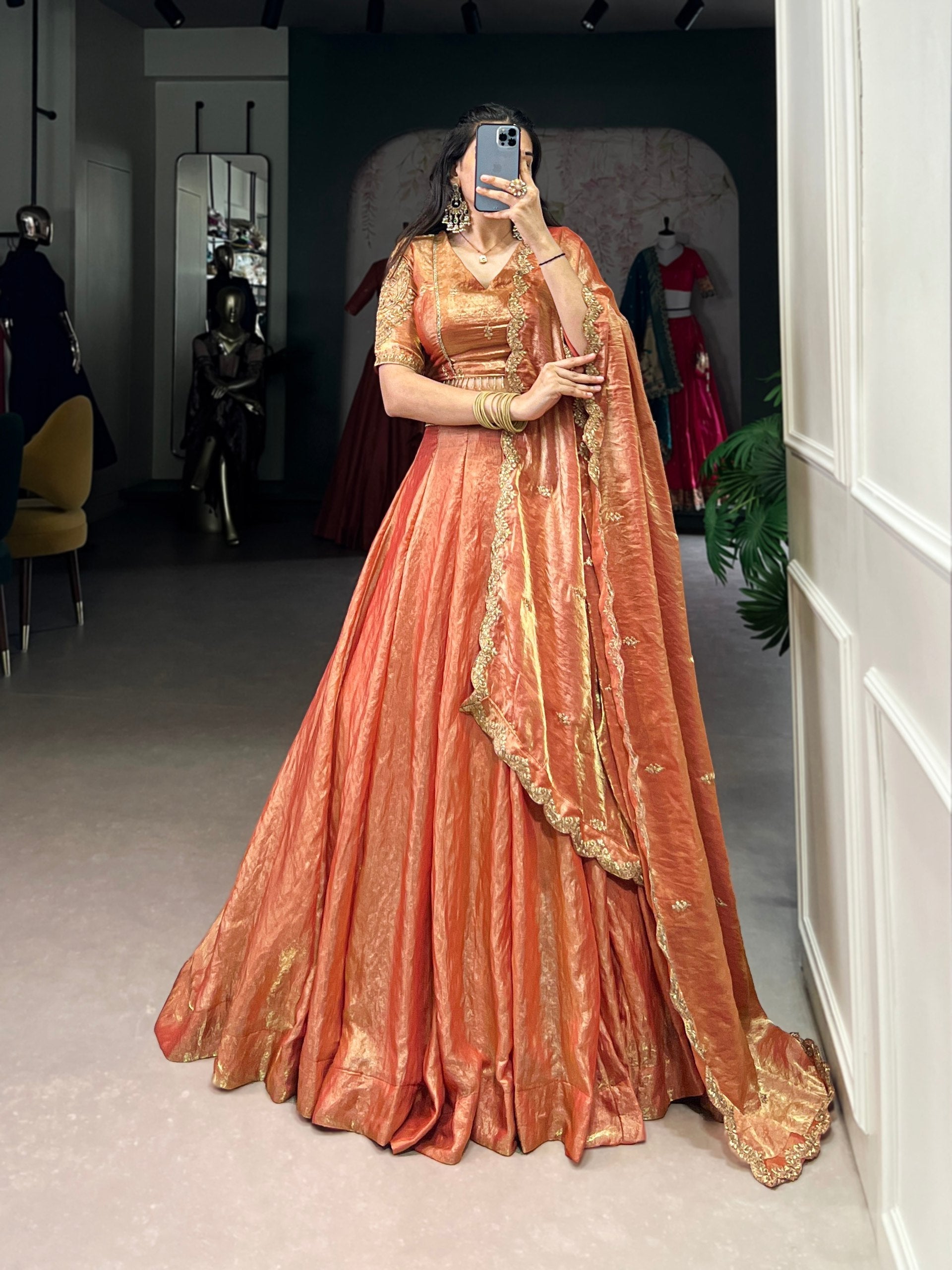 Orange Designer Fendi Lehenga Choli Set with Sequins & Thread Embroidery  Heavy Flair Stitched Lehenga with Dupatta