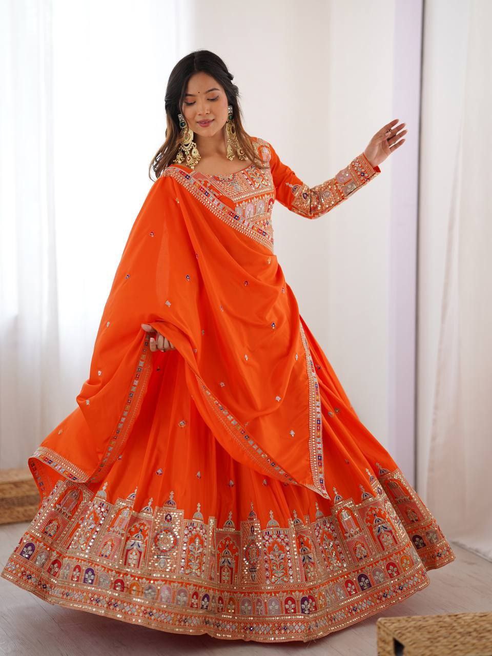 Orange Elegant French Crepe Multi-Thread & Sequin Embroidered Semi-Stitched Lehenga Choli with Matching Orange Dupatta