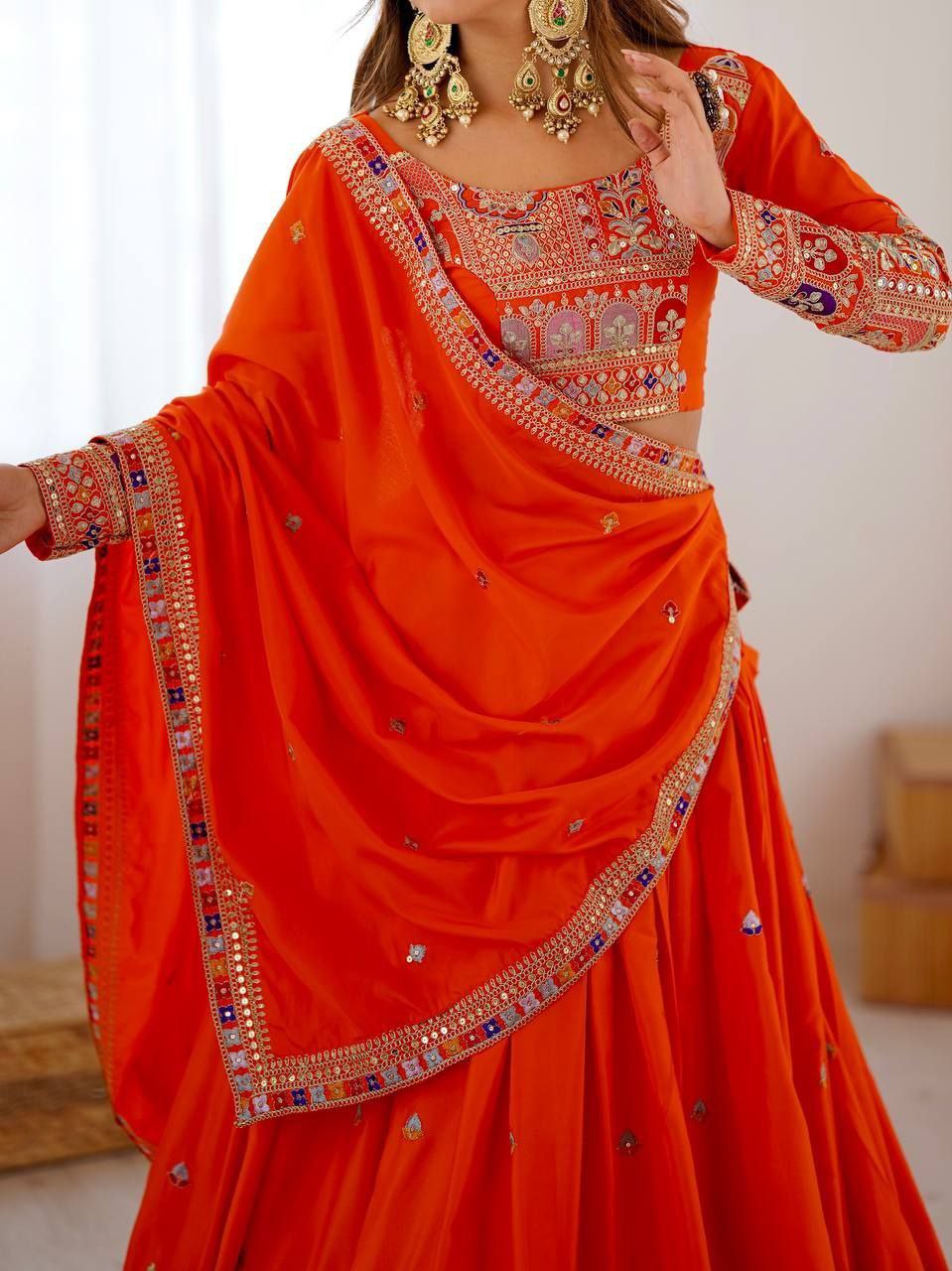 Orange Elegant French Crepe Multi-Thread & Sequin Embroidered Semi-Stitched Lehenga Choli with Matching Orange Dupatta