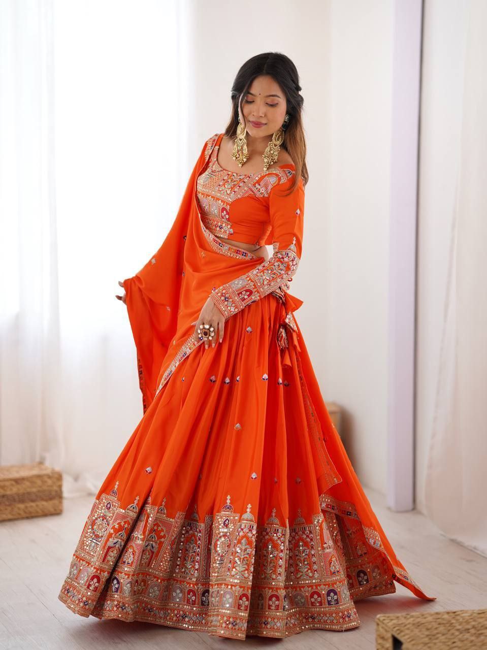 Orange Elegant French Crepe Multi-Thread & Sequin Embroidered Semi-Stitched Lehenga Choli with Matching Orange Dupatta