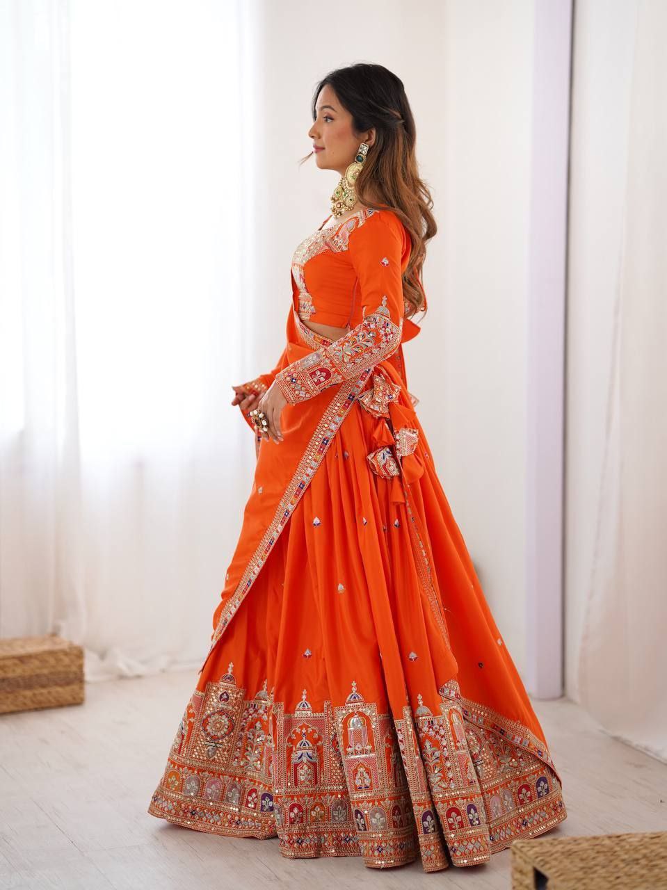 Orange Elegant French Crepe Multi-Thread & Sequin Embroidered Semi-Stitched Lehenga Choli with Matching Orange Dupatta