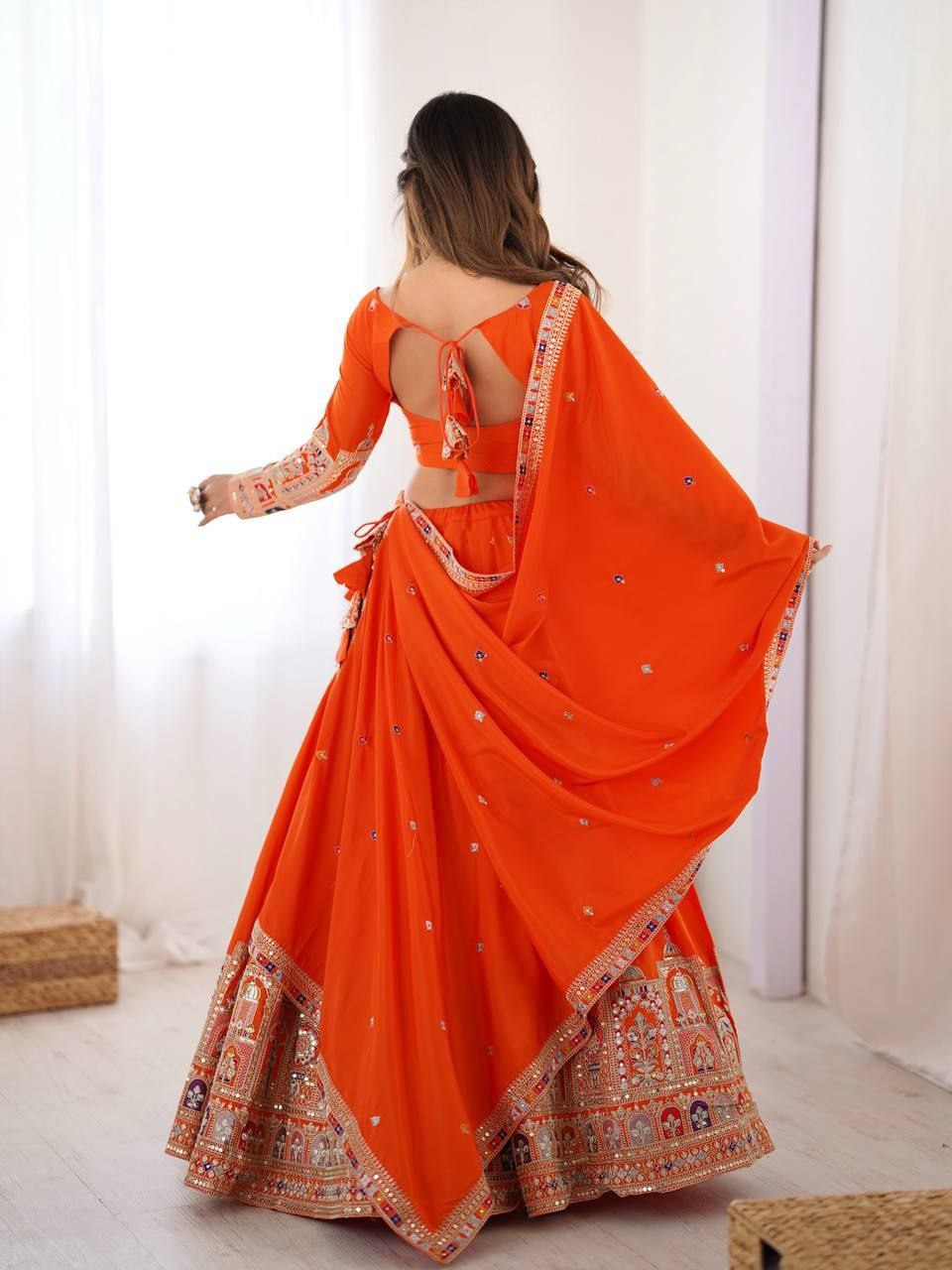 Orange Elegant French Crepe Multi-Thread & Sequin Embroidered Semi-Stitched Lehenga Choli with Matching Orange Dupatta
