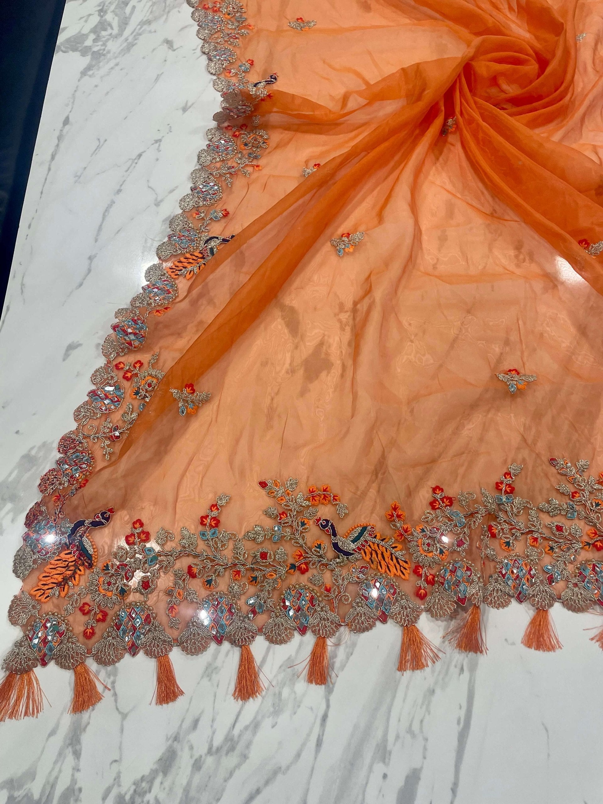 Orange Elegant Organza Saree with Zari, Dori & Real Mirror Work | Unstitched Bangalori Silk Blouse