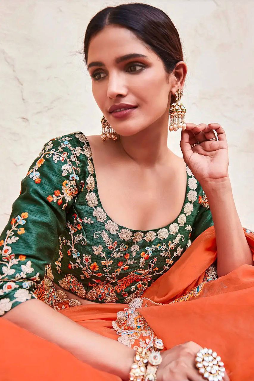 Orange Elegant Organza Saree with Zari, Dori & Real Mirror Work | Unstitched Bangalori Silk Blouse