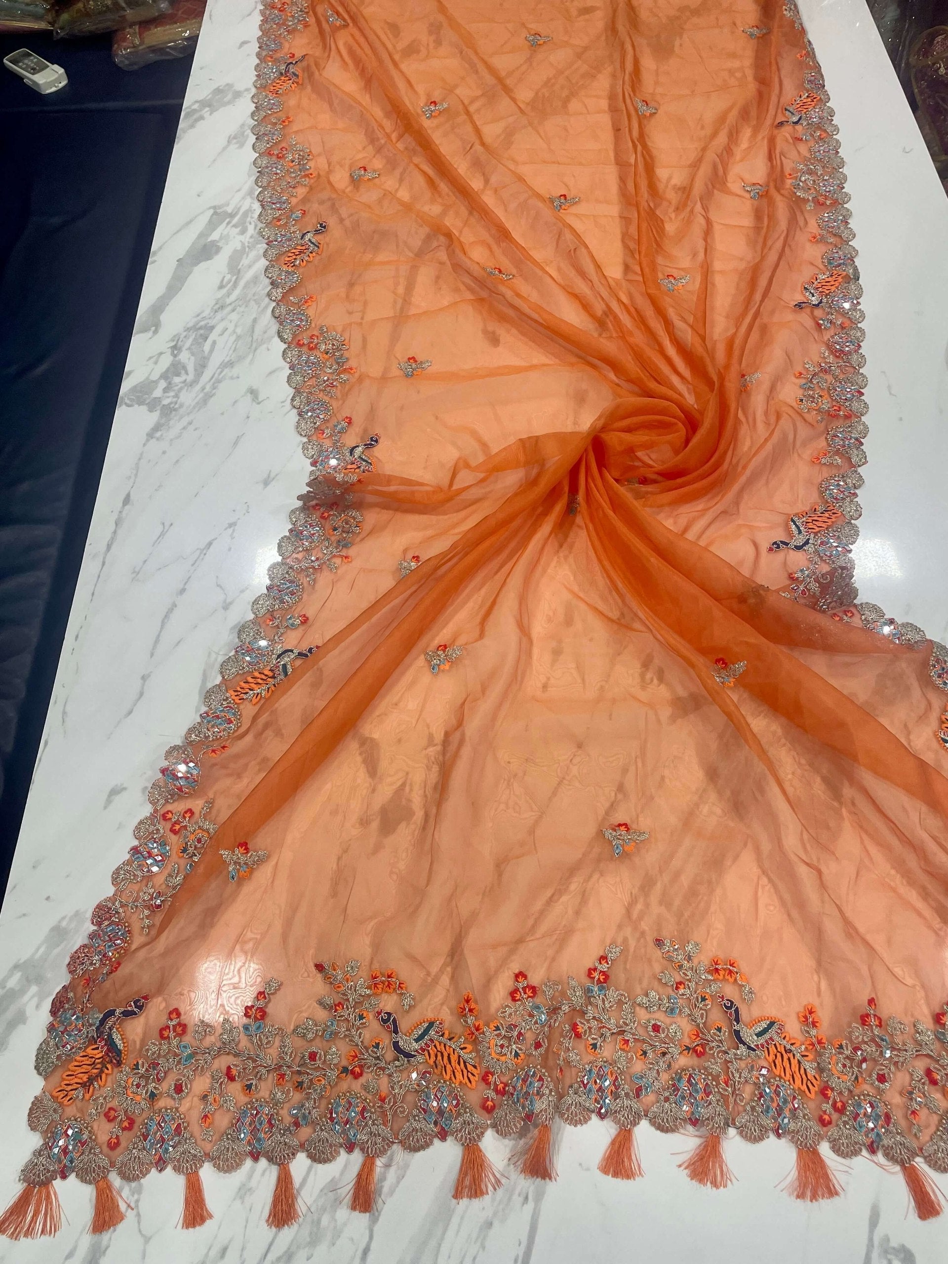 Orange Elegant Organza Saree with Zari, Dori & Real Mirror Work | Unstitched Bangalori Silk Blouse