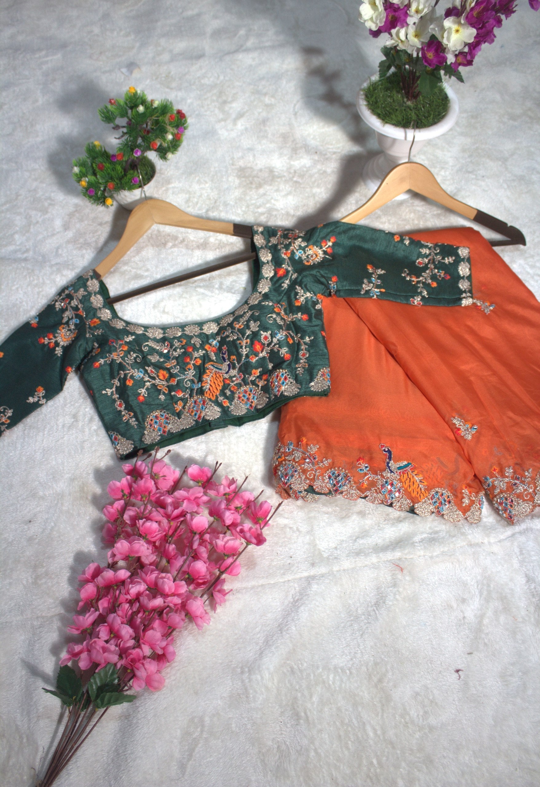 Orange Elegant Organza Saree with Zari, Dori & Real Mirror Work | Unstitched Bangalori Silk Blouse