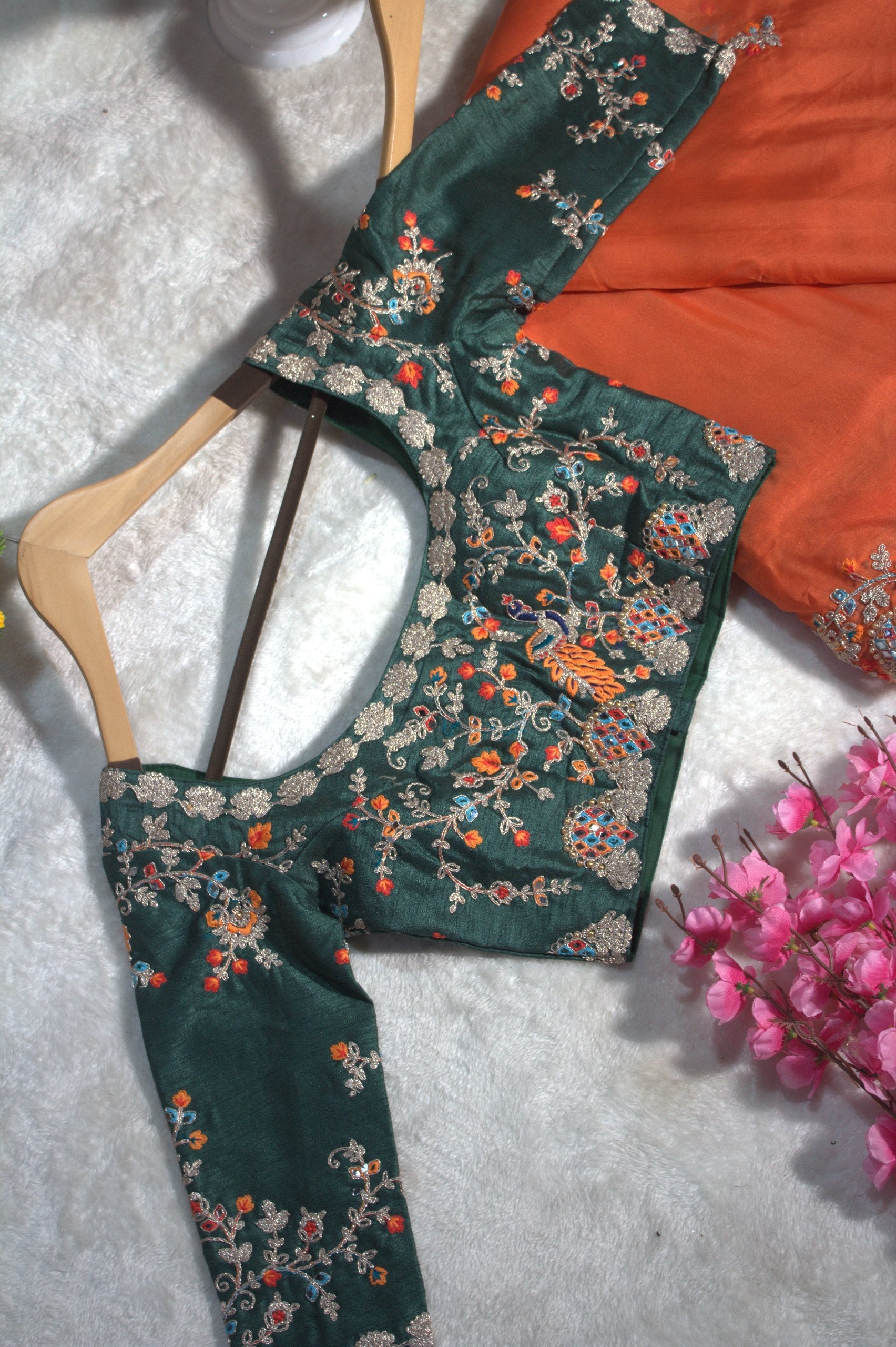 Orange Elegant Organza Saree with Zari, Dori & Real Mirror Work | Unstitched Bangalori Silk Blouse