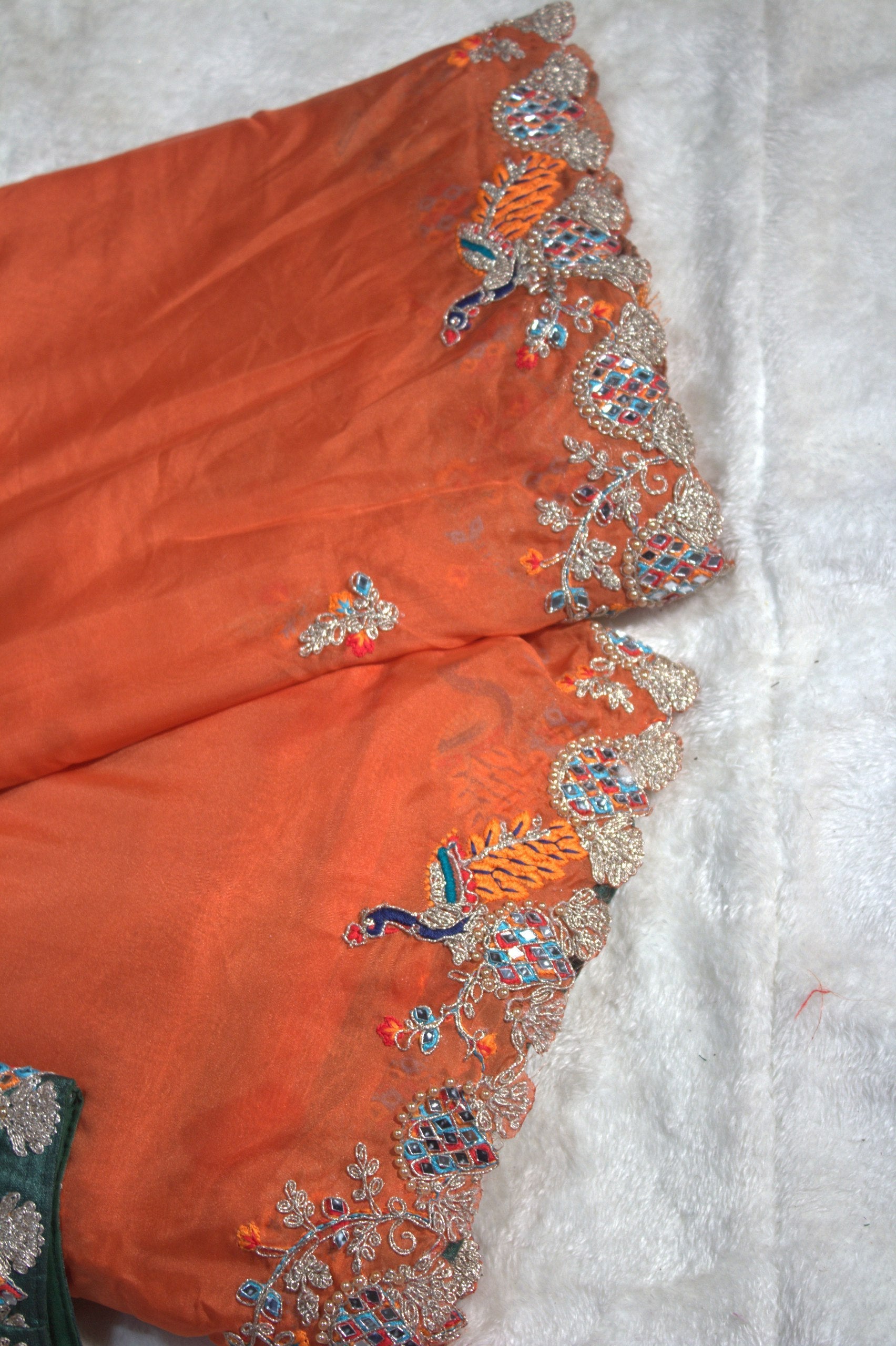 Orange Elegant Organza Saree with Zari, Dori & Real Mirror Work | Unstitched Bangalori Silk Blouse
