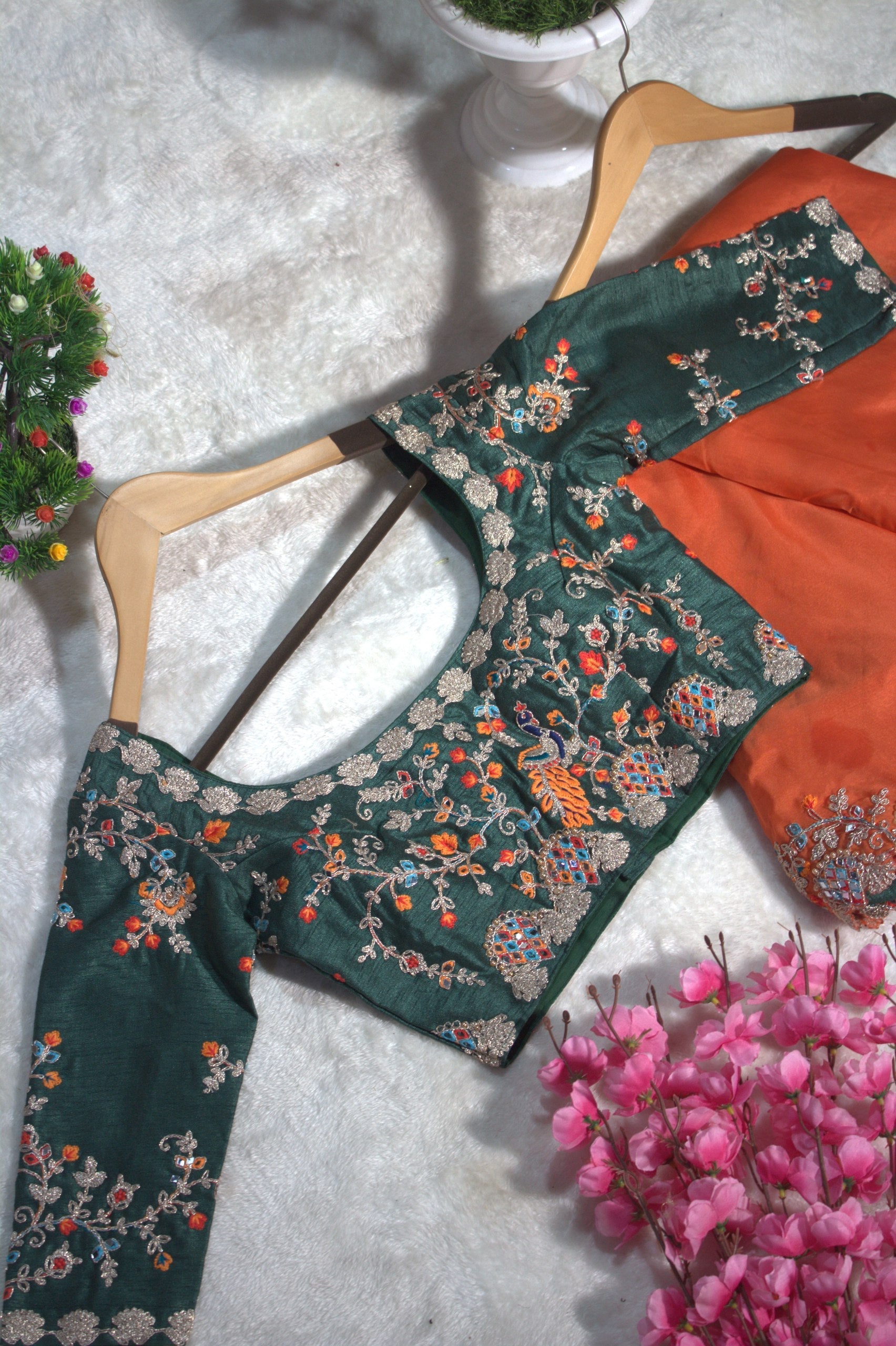 Orange Elegant Organza Saree with Zari, Dori & Real Mirror Work | Unstitched Bangalori Silk Blouse
