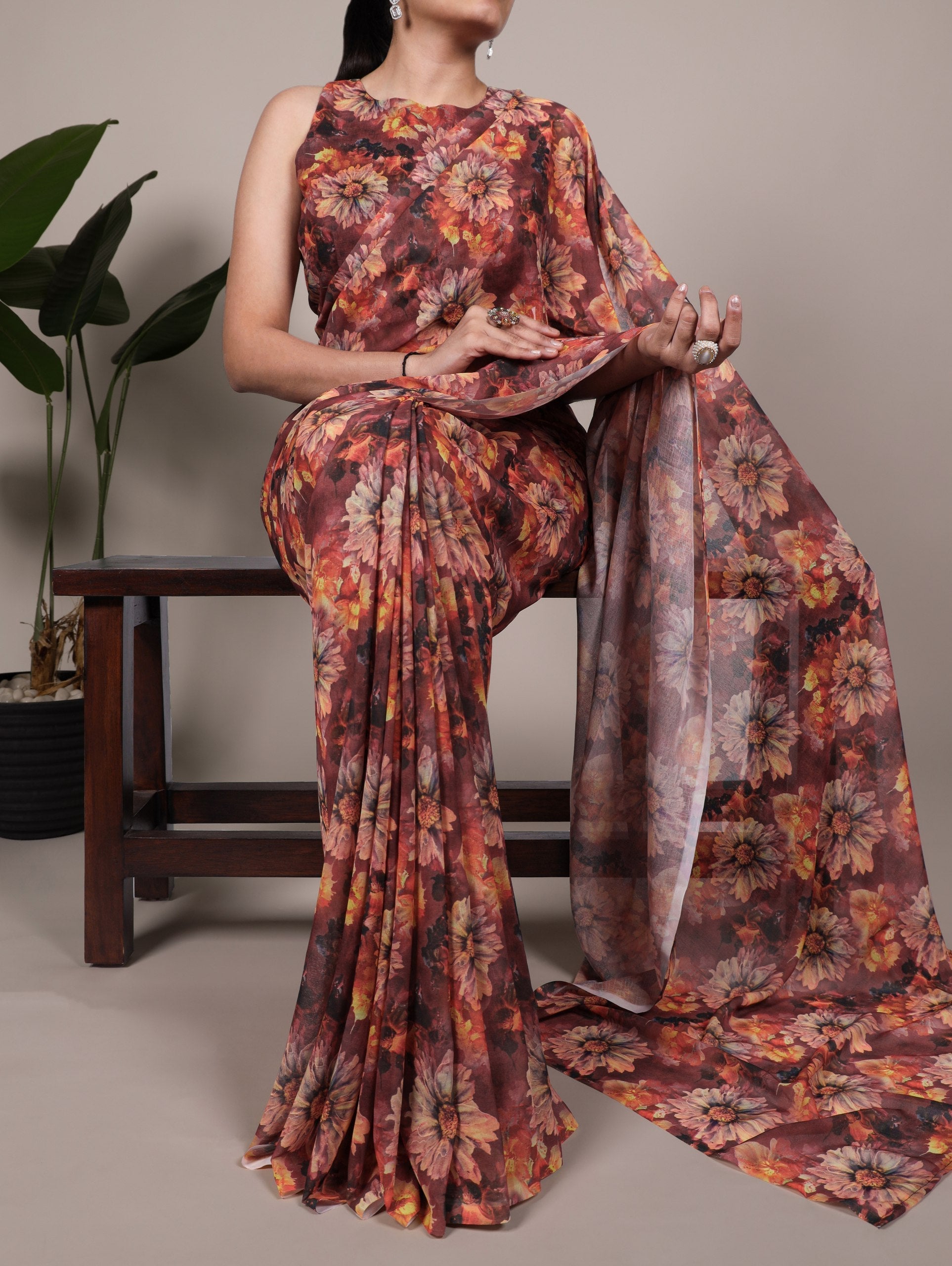 Orange Elegant Weightless Marbal Floral Print Saree with Matching Blouse – Unstitched Ensemble
