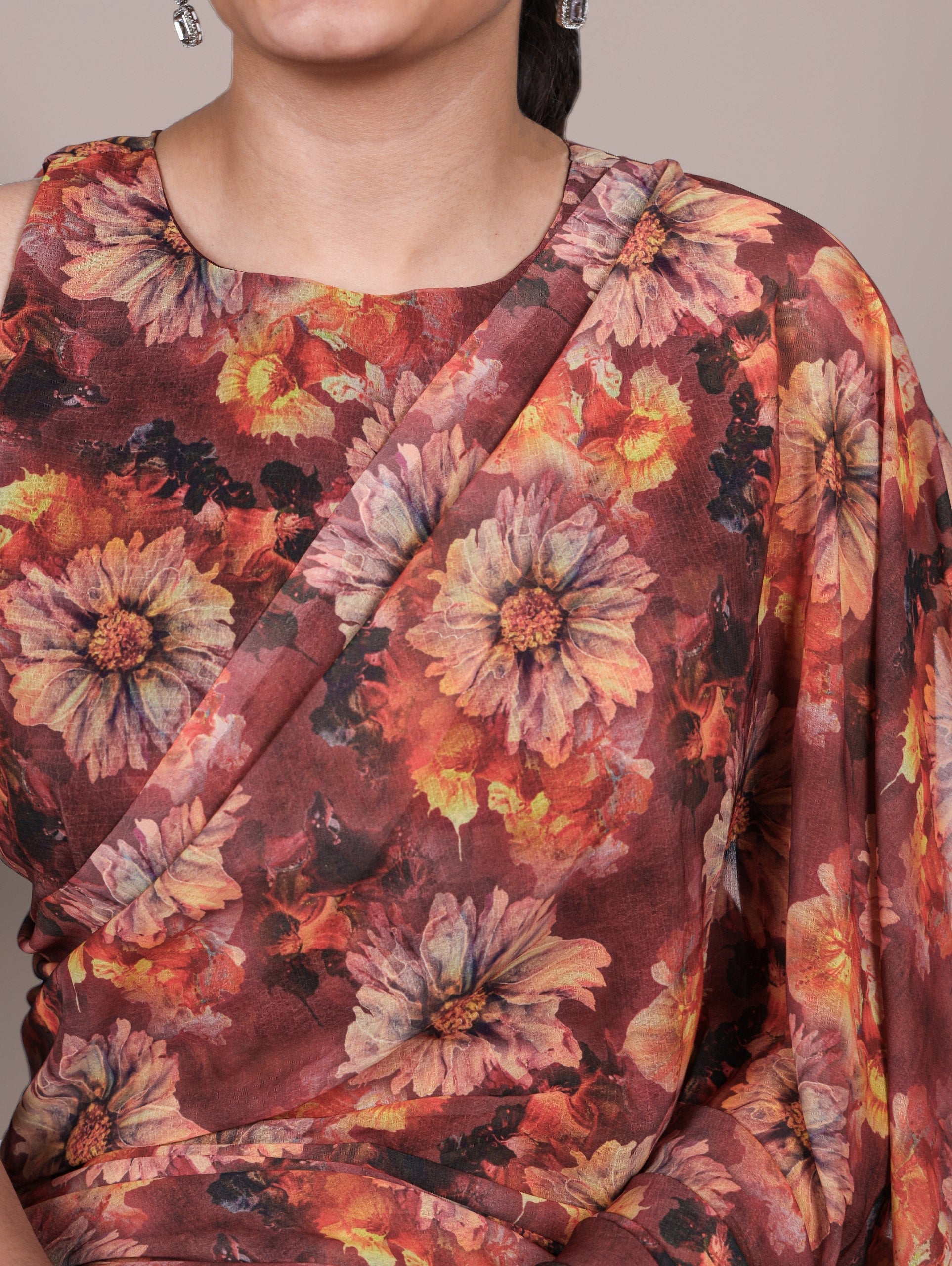 Orange Elegant Weightless Marbal Floral Print Saree with Matching Blouse – Unstitched Ensemble