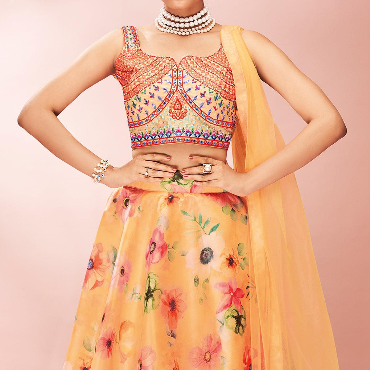 Orange Embellished With Printed Organza Lehenga Choli