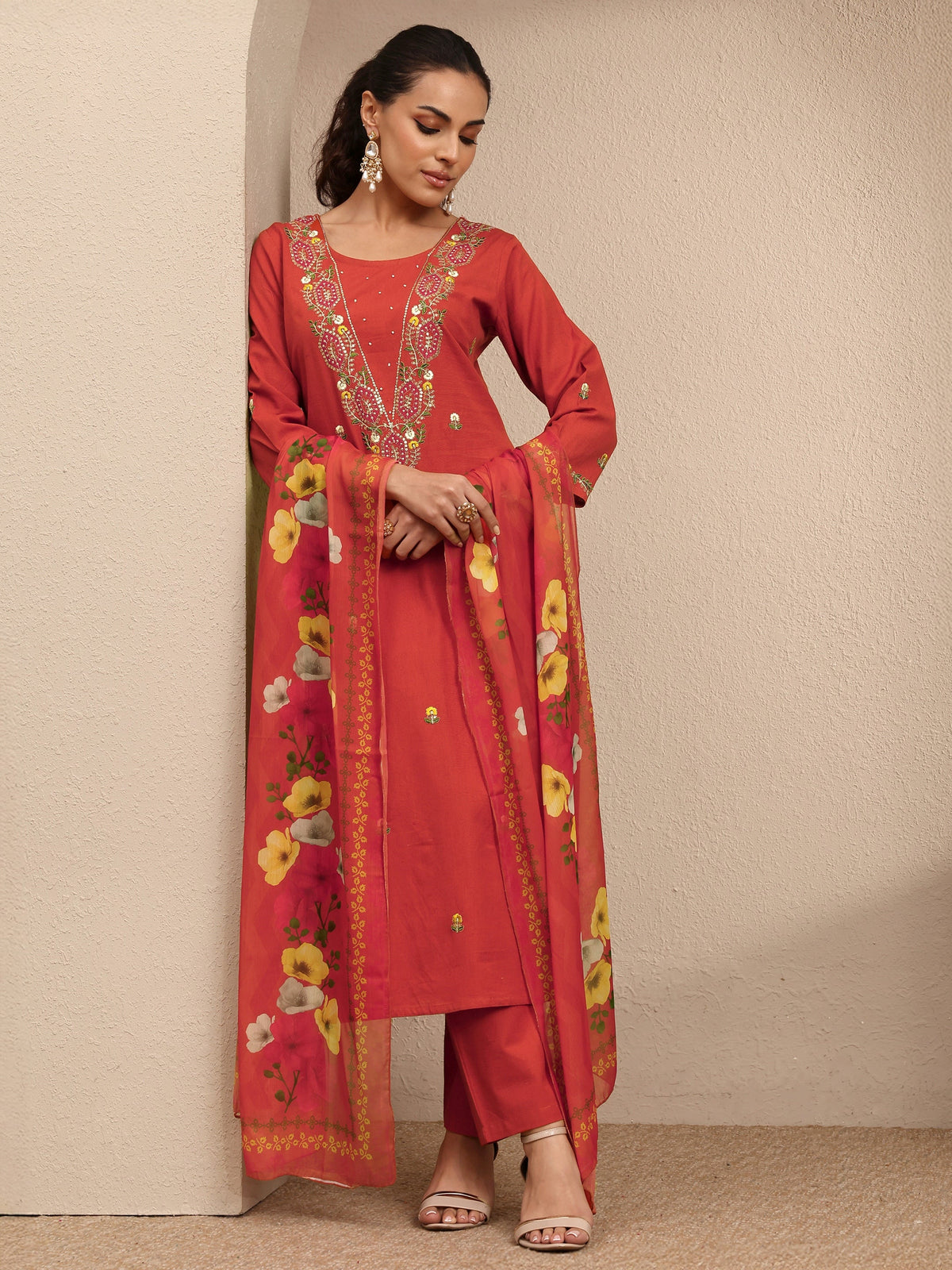 Anouk Orange Embroidered Cotton Straight Suit Set With Dupatta