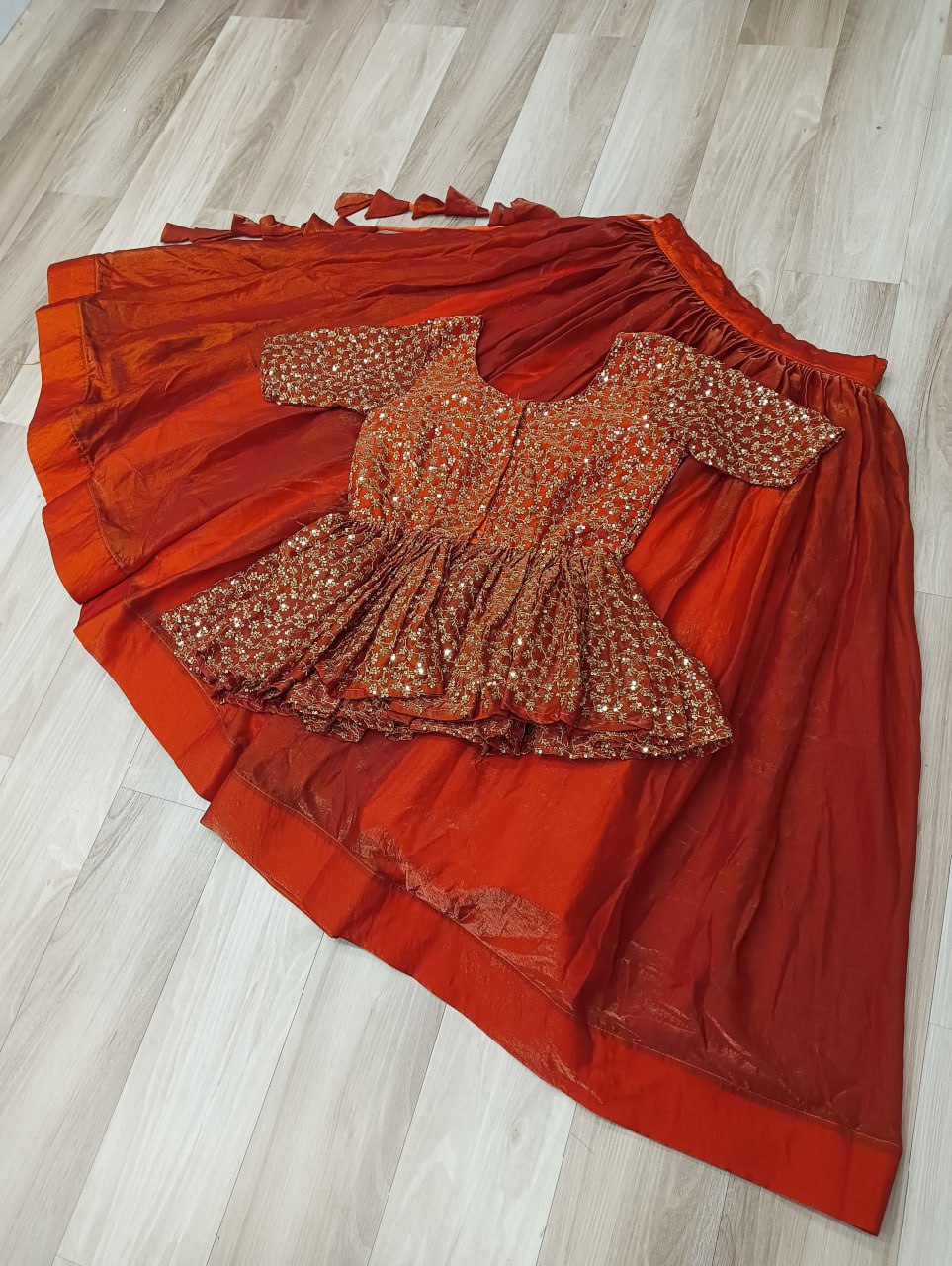 Orange Fendy Fabric Full-Stitched Lehenga Set with Sequins Embroidered Peplum Blouse
