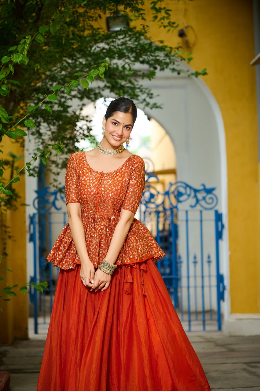 Orange Fendy Fabric Full-Stitched Lehenga Set with Sequins Embroidered Peplum Blouse