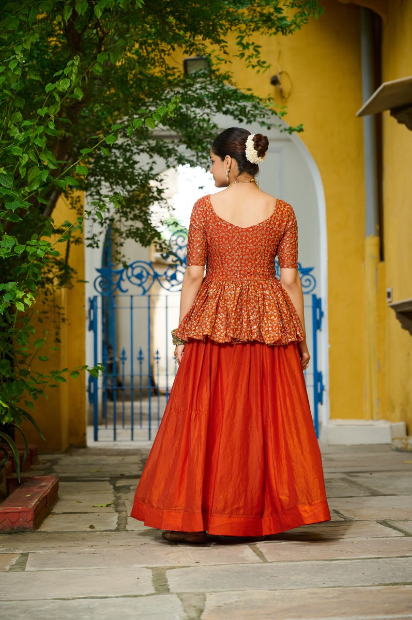 Orange Fendy Fabric Full-Stitched Lehenga Set with Sequins Embroidered Peplum Blouse