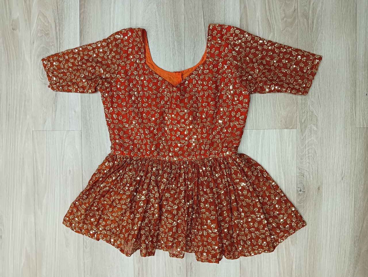 Orange Fendy Fabric Full-Stitched Lehenga Set with Sequins Embroidered Peplum Blouse
