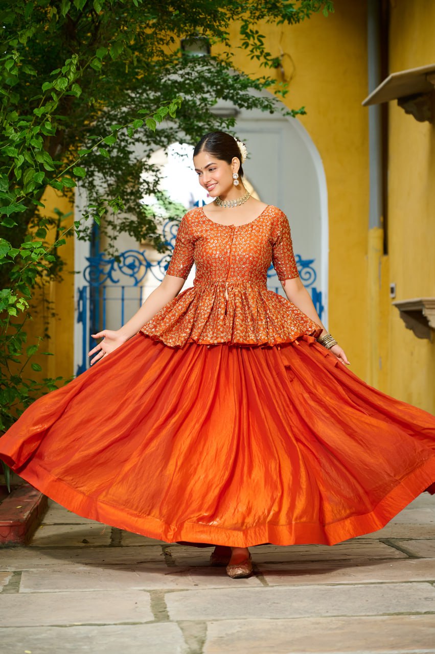 Orange Fendy Fabric Full-Stitched Lehenga Set with Sequins Embroidered Peplum Blouse