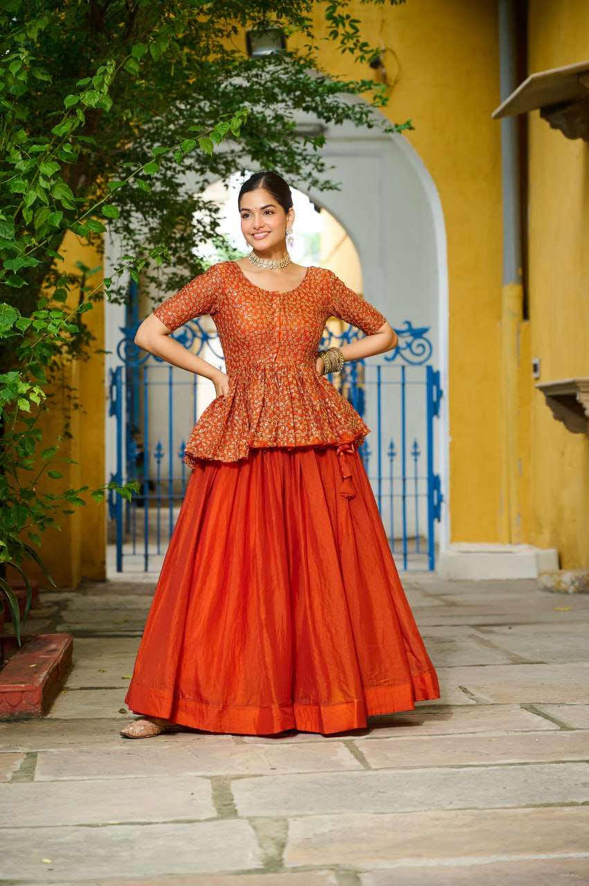 Orange Fendy Fabric Full-Stitched Lehenga Set with Sequins Embroidered Peplum Blouse
