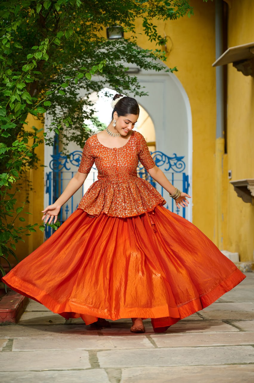 Orange Fendy Fabric Full-Stitched Lehenga Set with Sequins Embroidered Peplum Blouse