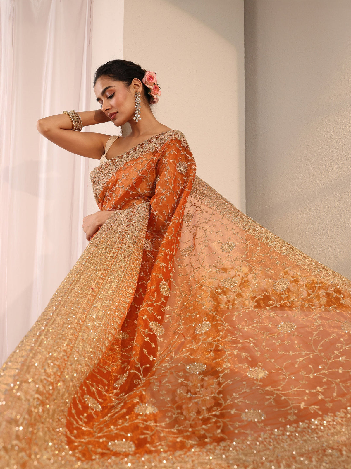 Anouk Orange Floral Embellished Net Saree With Unstitched Blouse Piece