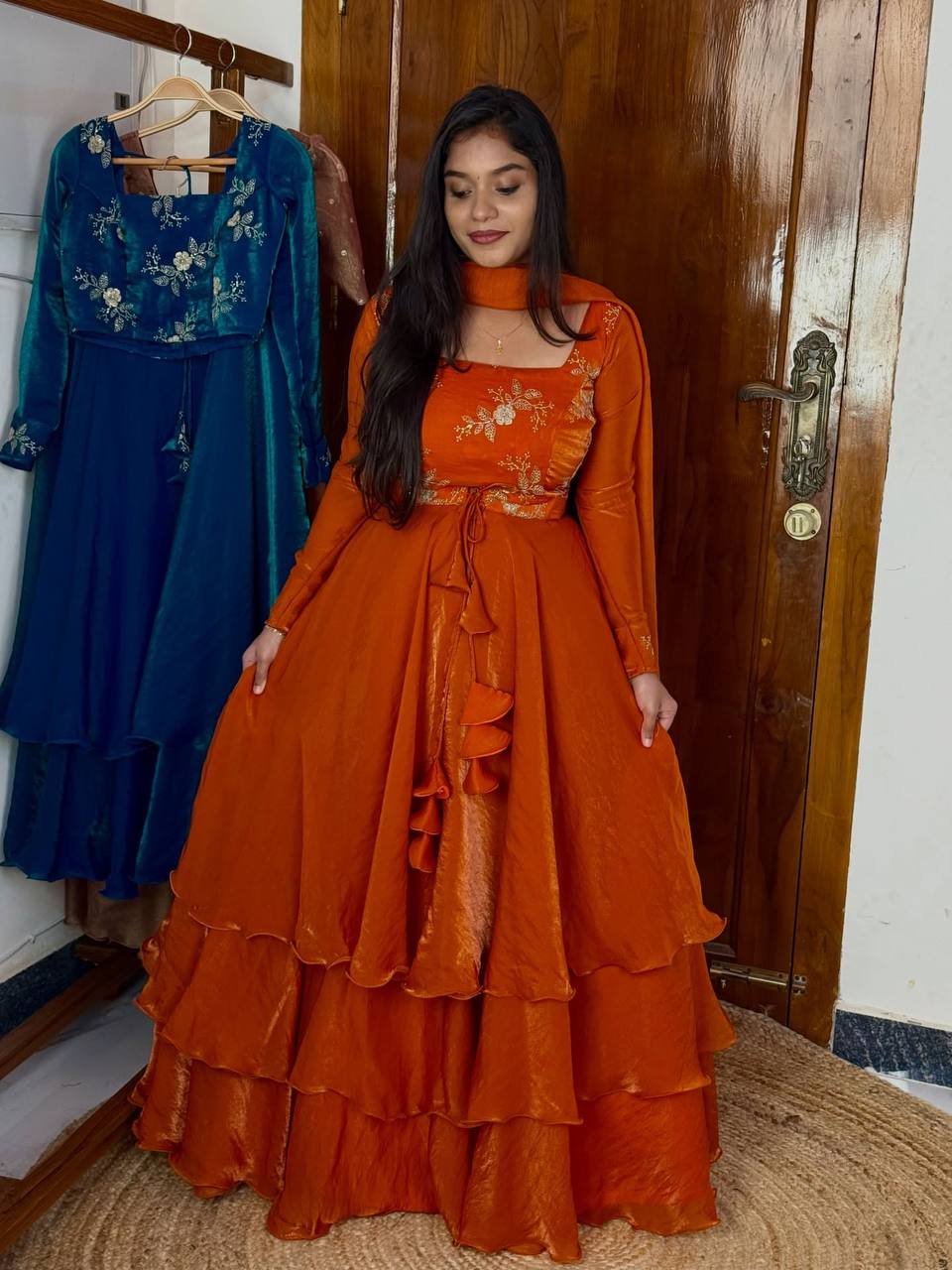 Orange Heavy Fandy Satin Embroidered Lehenga Choli Set