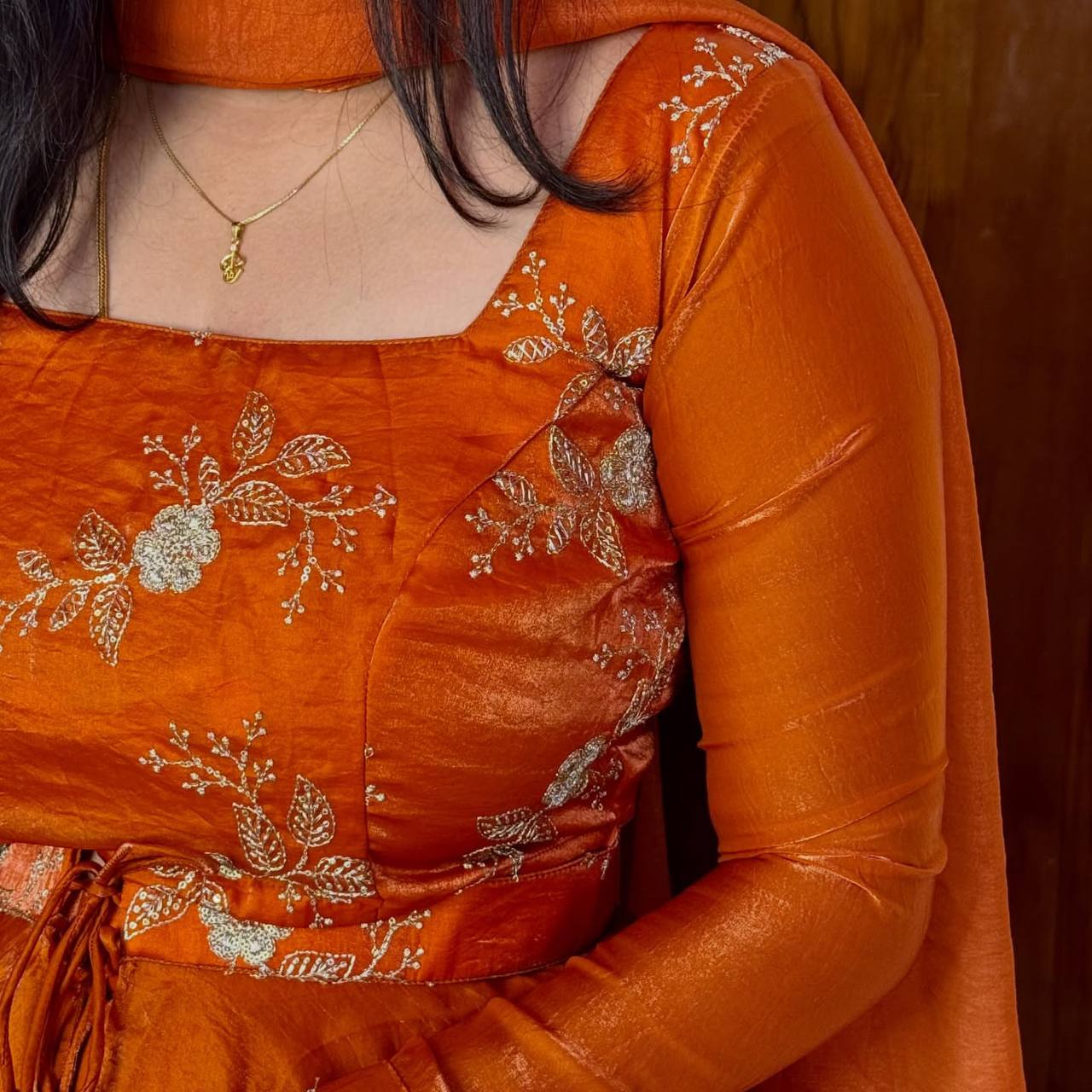 Orange Heavy Fandy Satin Embroidered Lehenga Choli Set