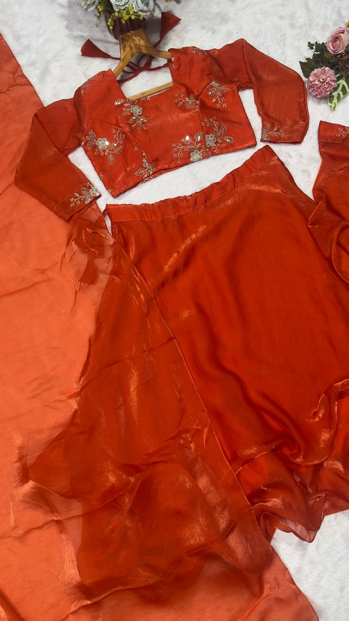 Orange Heavy Fandy Satin Embroidered Lehenga Choli Set