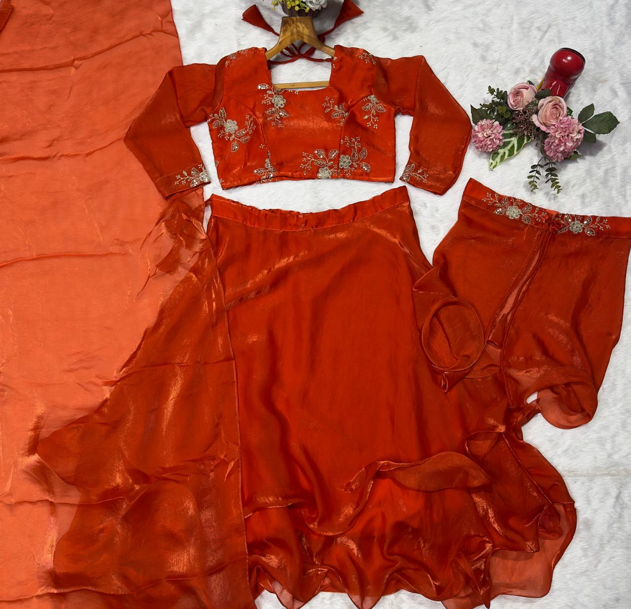 Orange Heavy Fandy Satin Embroidered Lehenga Choli Set
