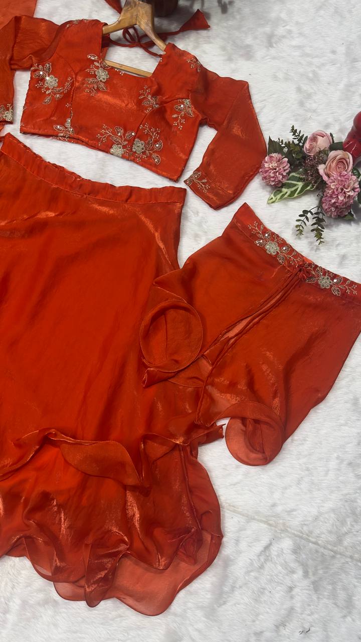 Orange Heavy Fandy Satin Embroidered Lehenga Choli Set