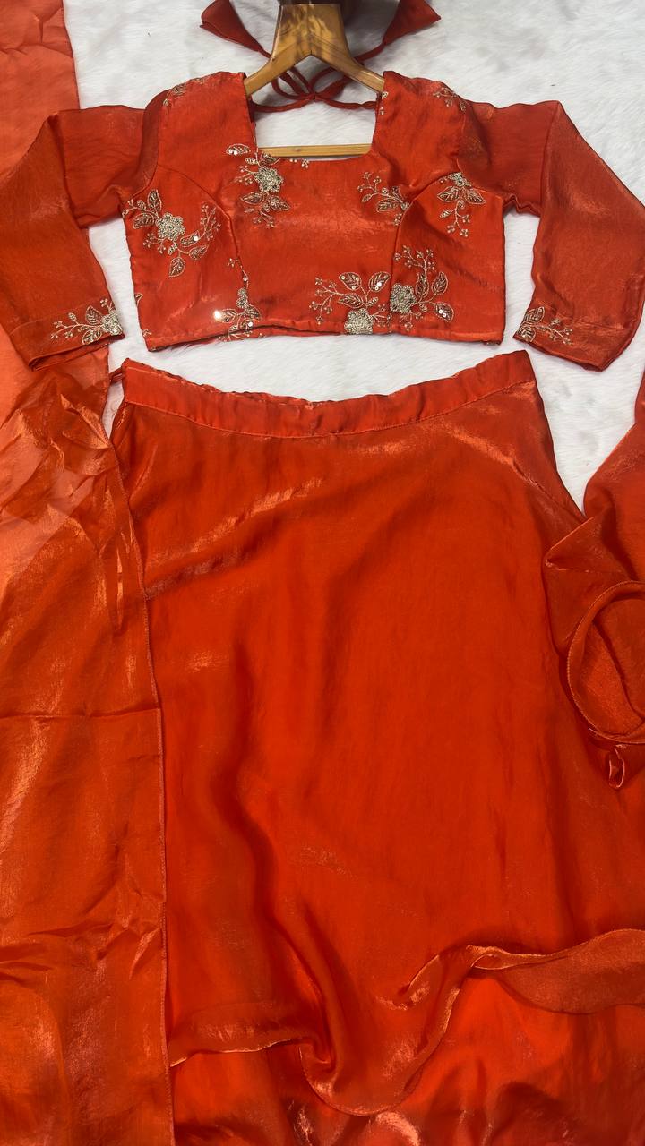 Orange Heavy Fandy Satin Embroidered Lehenga Choli Set