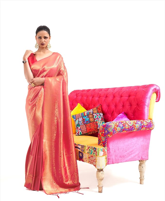Orange Luxurious Silk Jacquard Saree with Blouse Piece – Perfect for Festivals