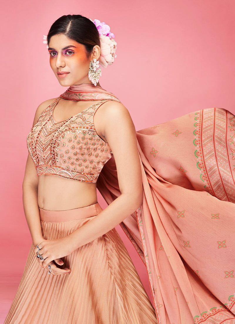 Orange Pakistani Art Silk Lehenga Choli For Indian Festival & Weddings - Thread Embroidery Work,