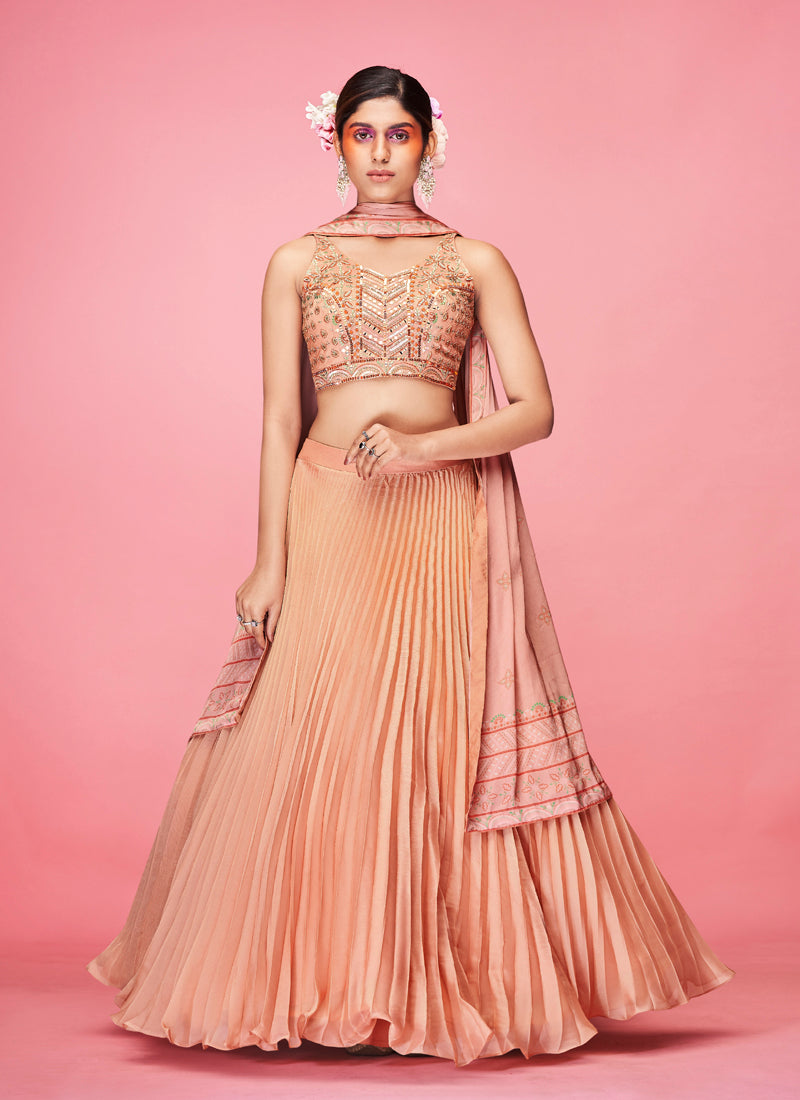 Orange Pakistani Art Silk Lehenga Choli For Indian Festival & Weddings - Thread Embroidery Work,