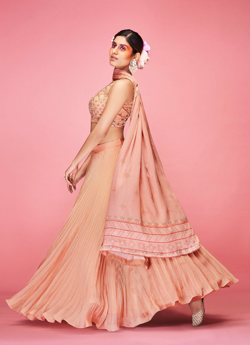 Orange Pakistani Art Silk Lehenga Choli For Indian Festival & Weddings - Thread Embroidery Work,