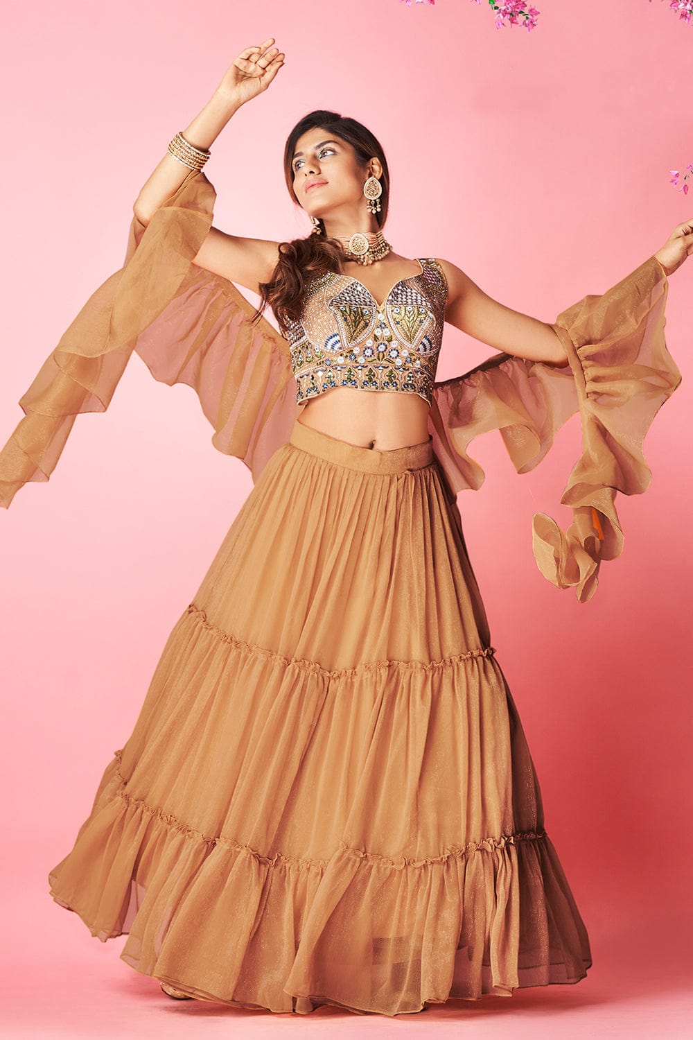 Orange Pakistani Art Silk Lehenga Choli For Indian Festival & Weddings - Thread Embroidery Work,