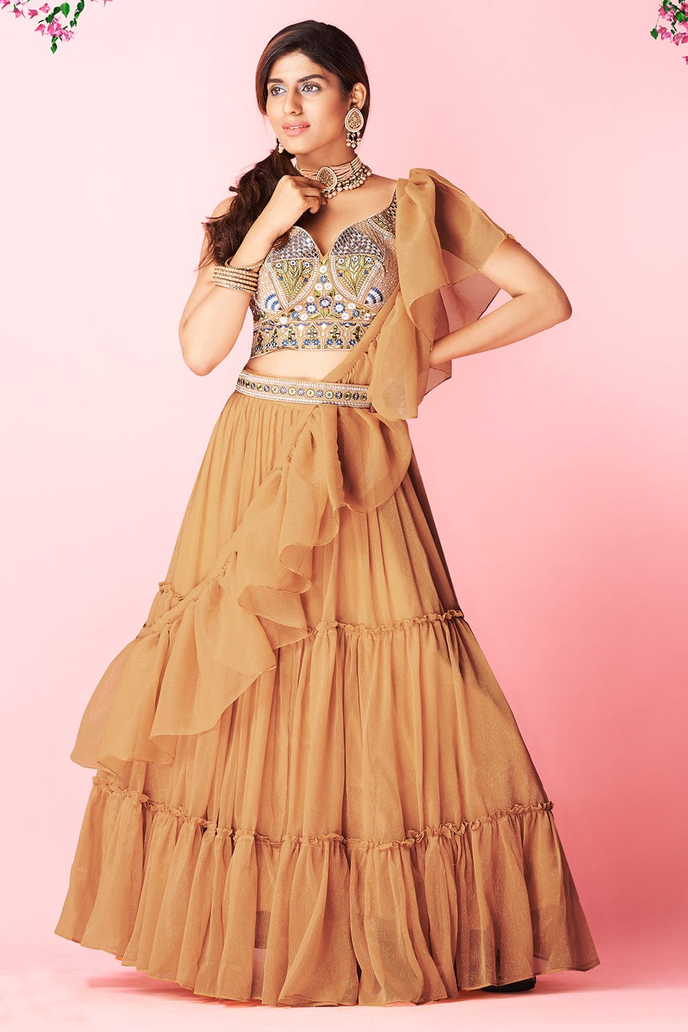 Orange Pakistani Art Silk Lehenga Choli For Indian Festival & Weddings - Thread Embroidery Work,