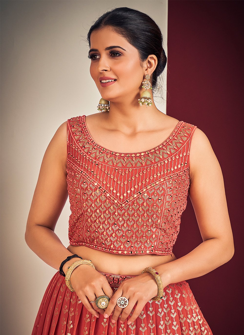 Orange Pakistani Georgette Lehenga Choli For Indian Festivals & Weddings - Sequence Embroidery Work, Mirror Work