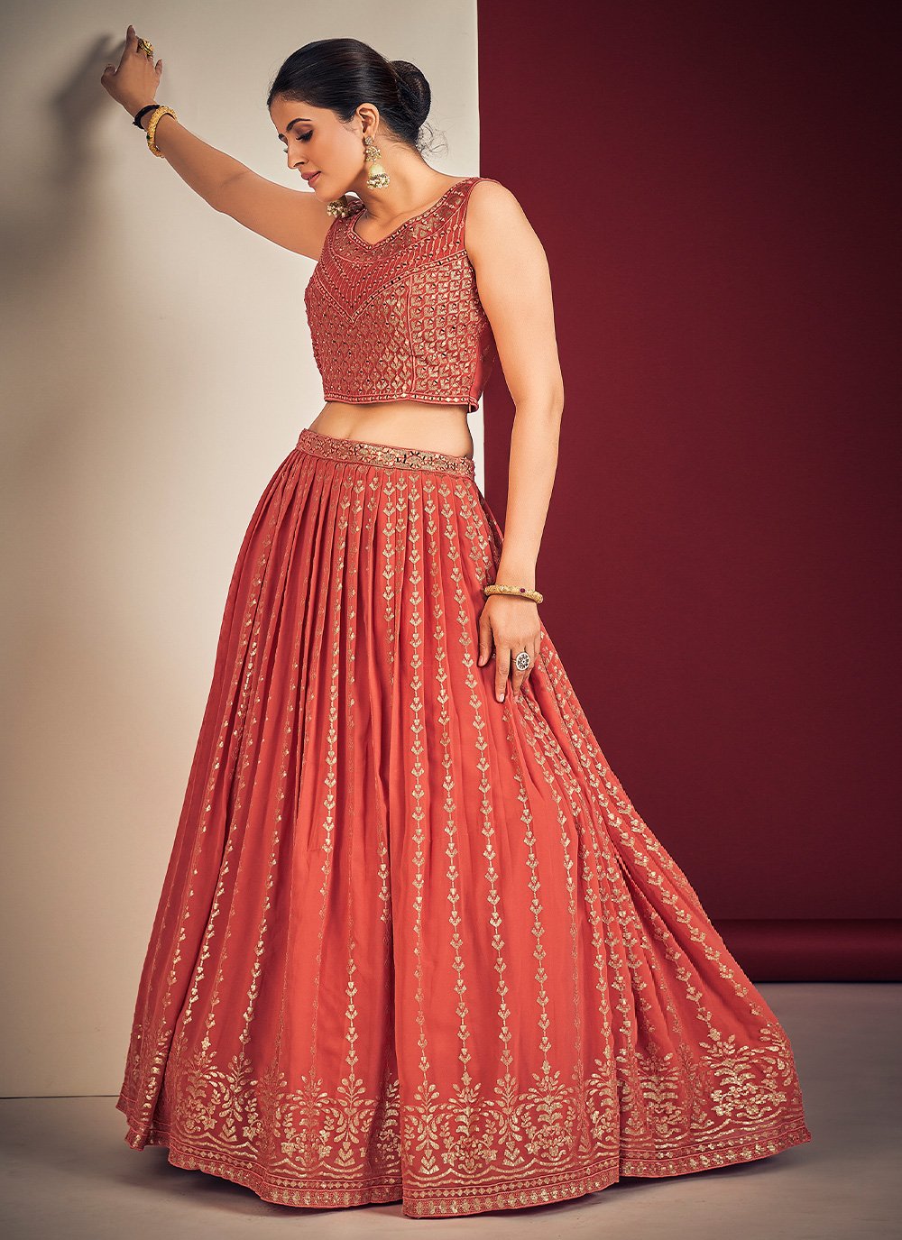 Orange Pakistani Georgette Lehenga Choli For Indian Festivals & Weddings - Sequence Embroidery Work, Mirror Work