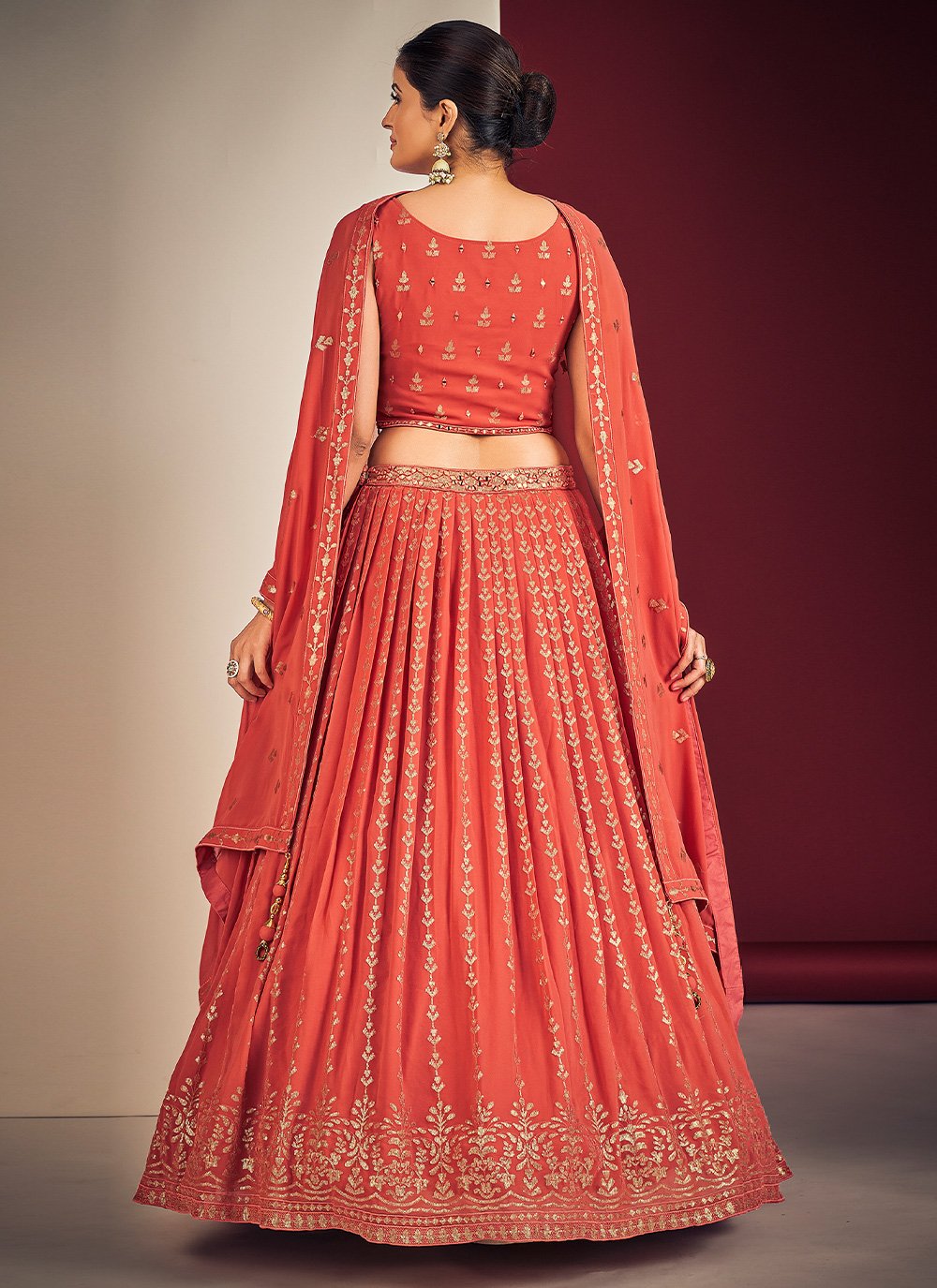 Orange Pakistani Georgette Lehenga Choli For Indian Festivals & Weddings - Sequence Embroidery Work, Mirror Work